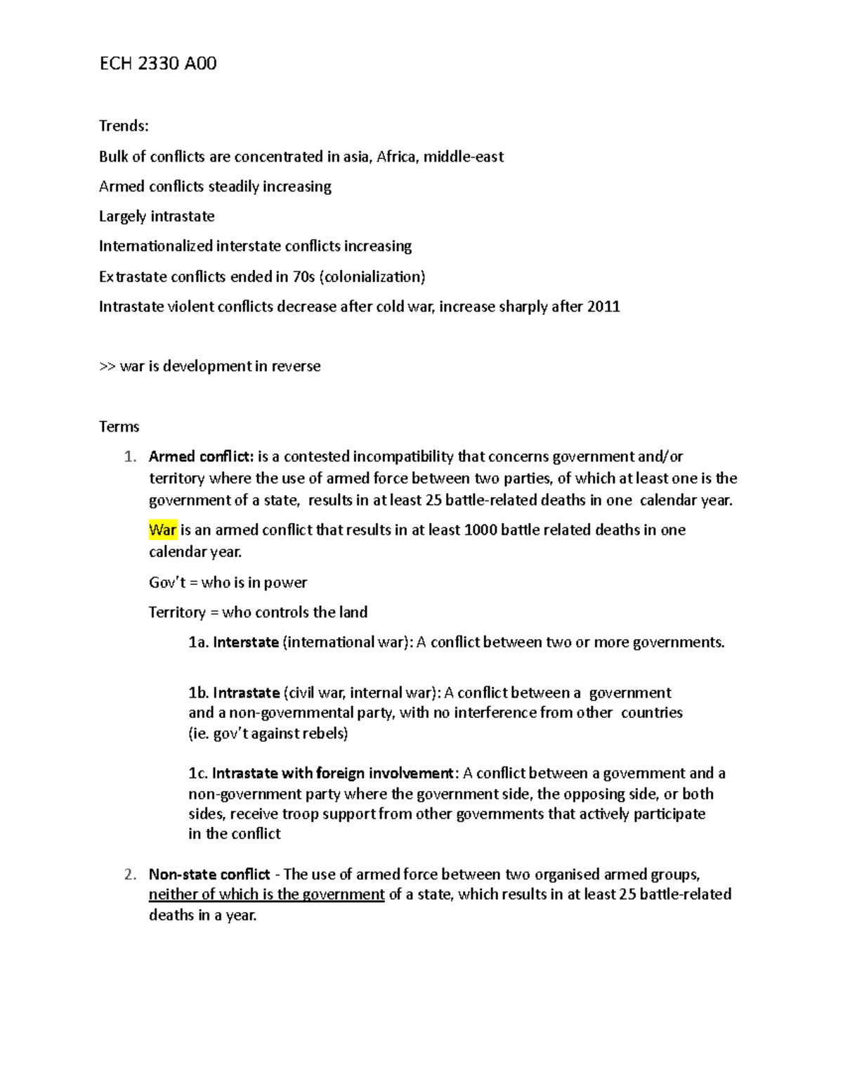 ECH 2330 Notes Module 1 - ECH 2330 A Trends: Bulk of conflicts are ...