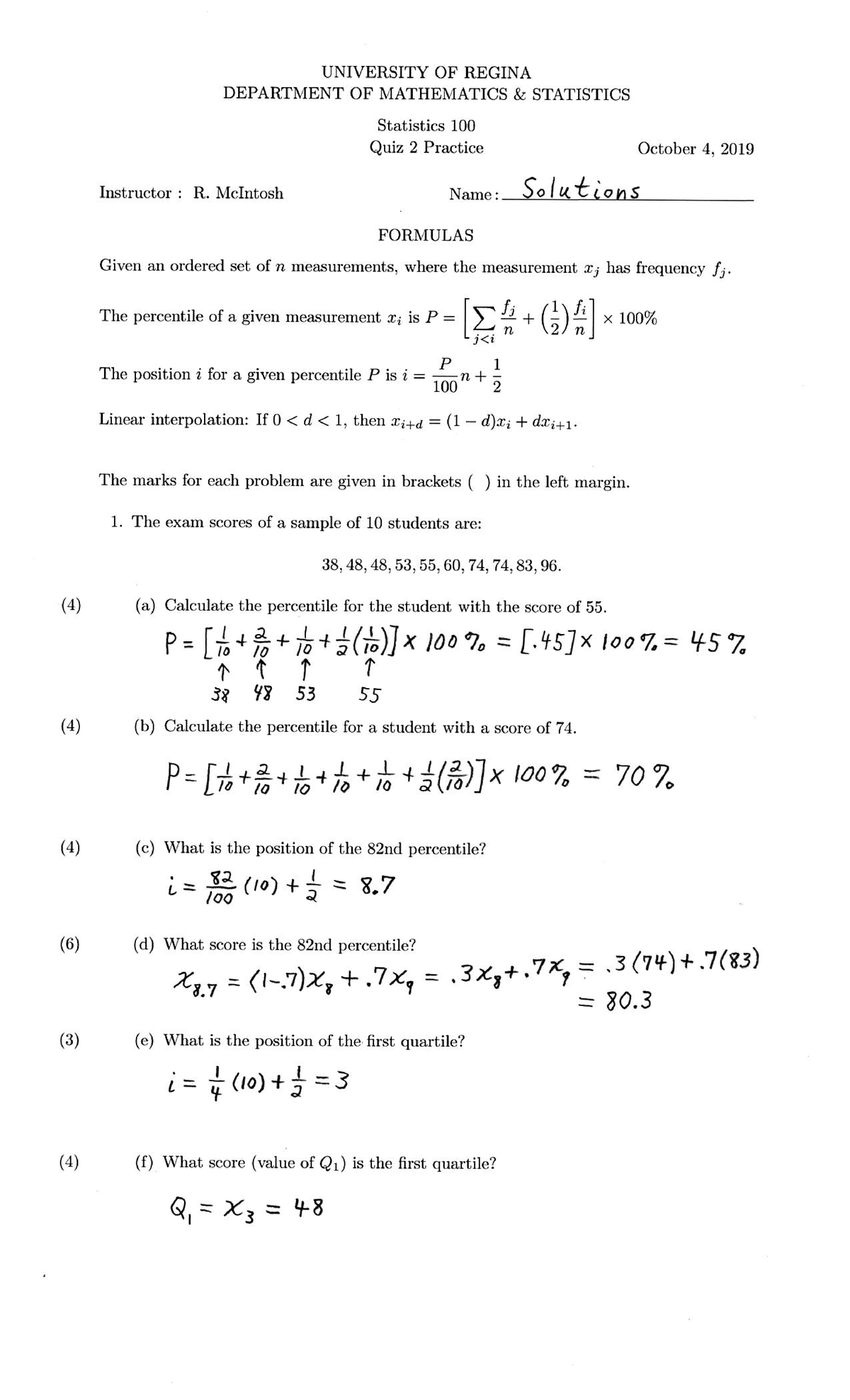 Stats Quiz 2 solutions - STAT 100 - UR - Studocu