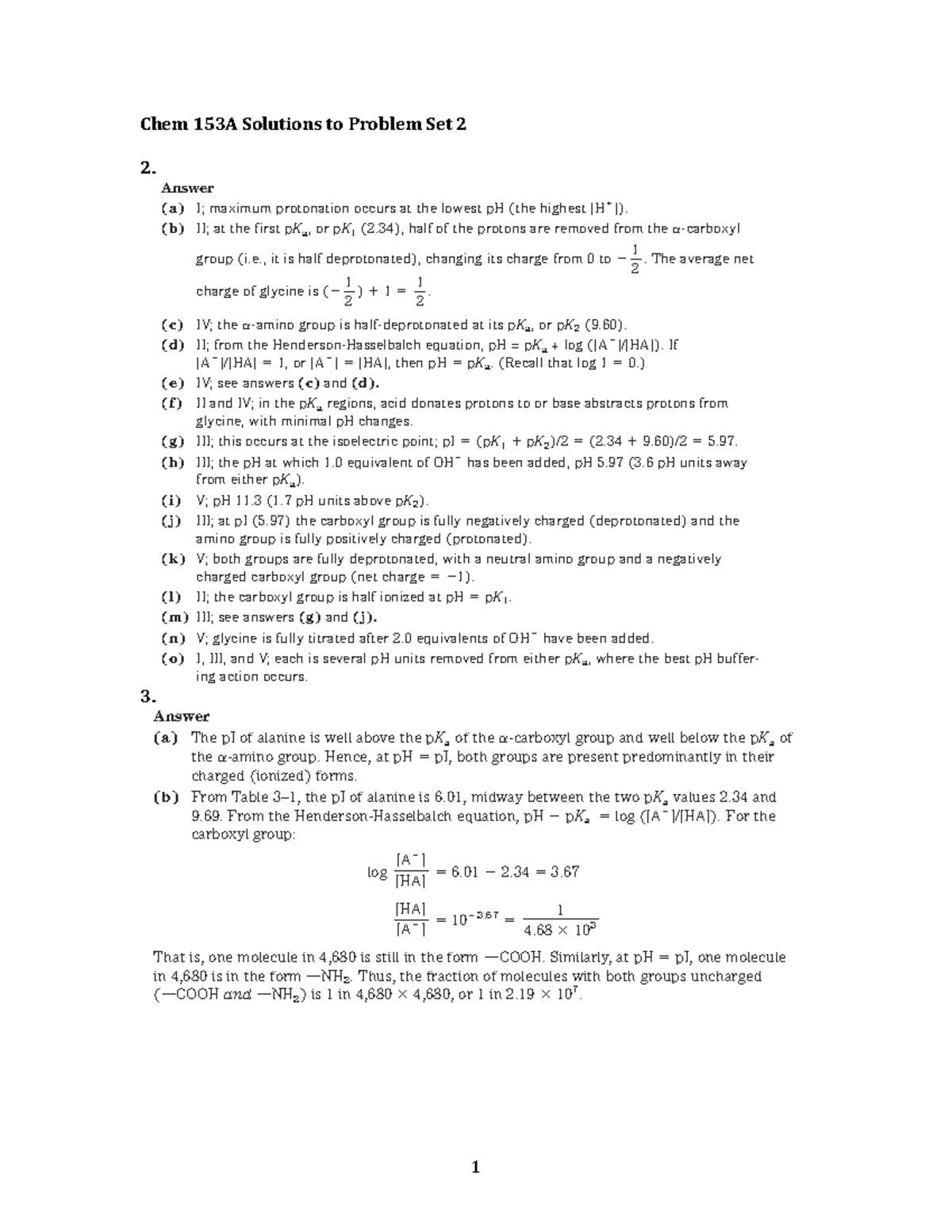 Chem 153A Solutions to Problem Set 2 (Amino Acids and Titrations) - (i ...