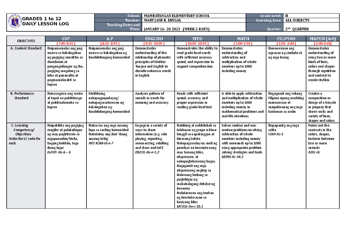 DLL ALL Subjects 2 Q2 W2 D3 - GRADES 1 to 12 DAILY LESSON LOG School ...