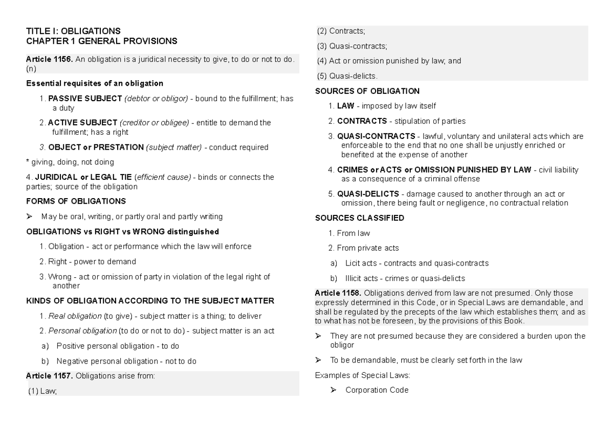 Obligations Civil Code Article 1156 To 1304 - TITLE I: OBLIGATIONS ...