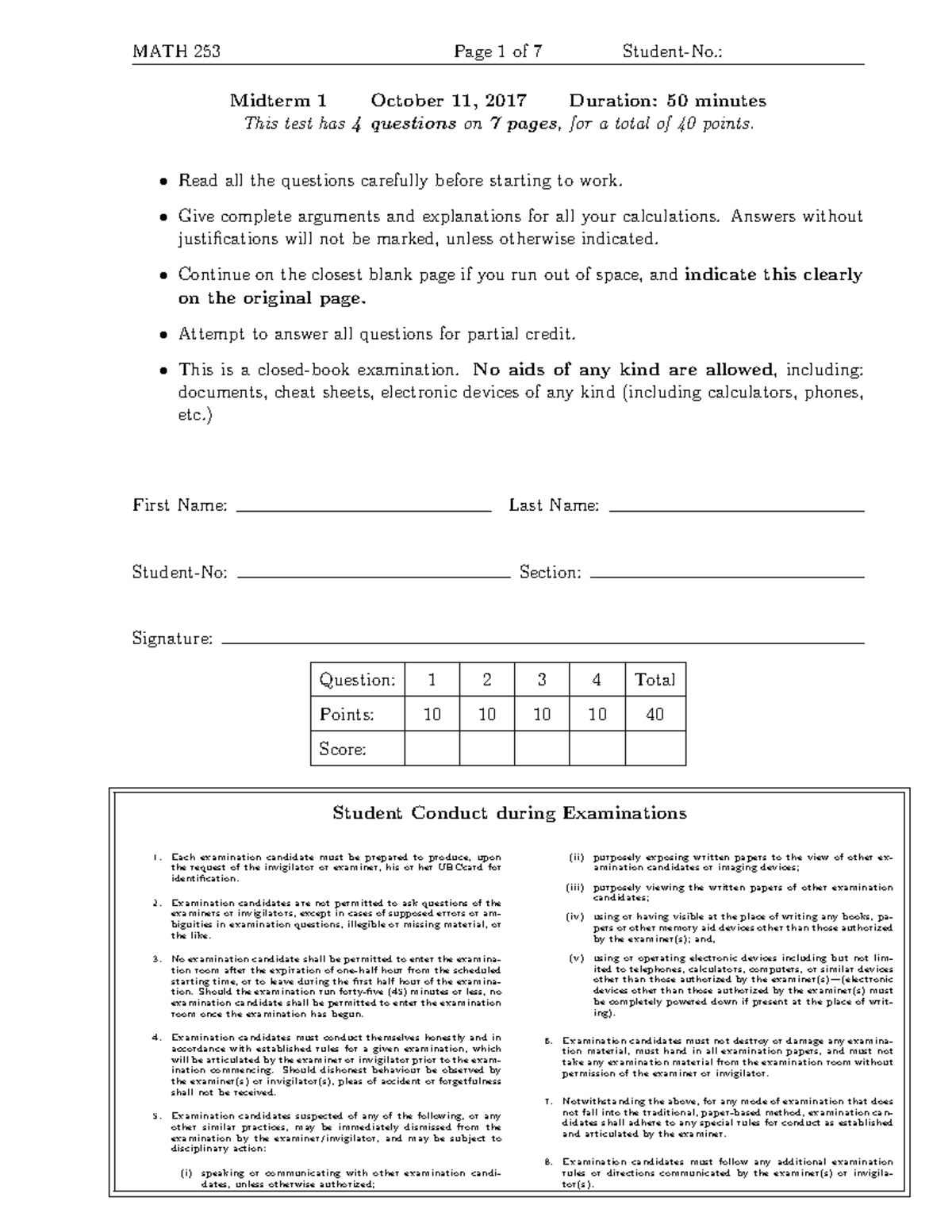 Midterm Practice 253-t1-17 - Midterm 1 October 11, 2017 Duration: 50 ...