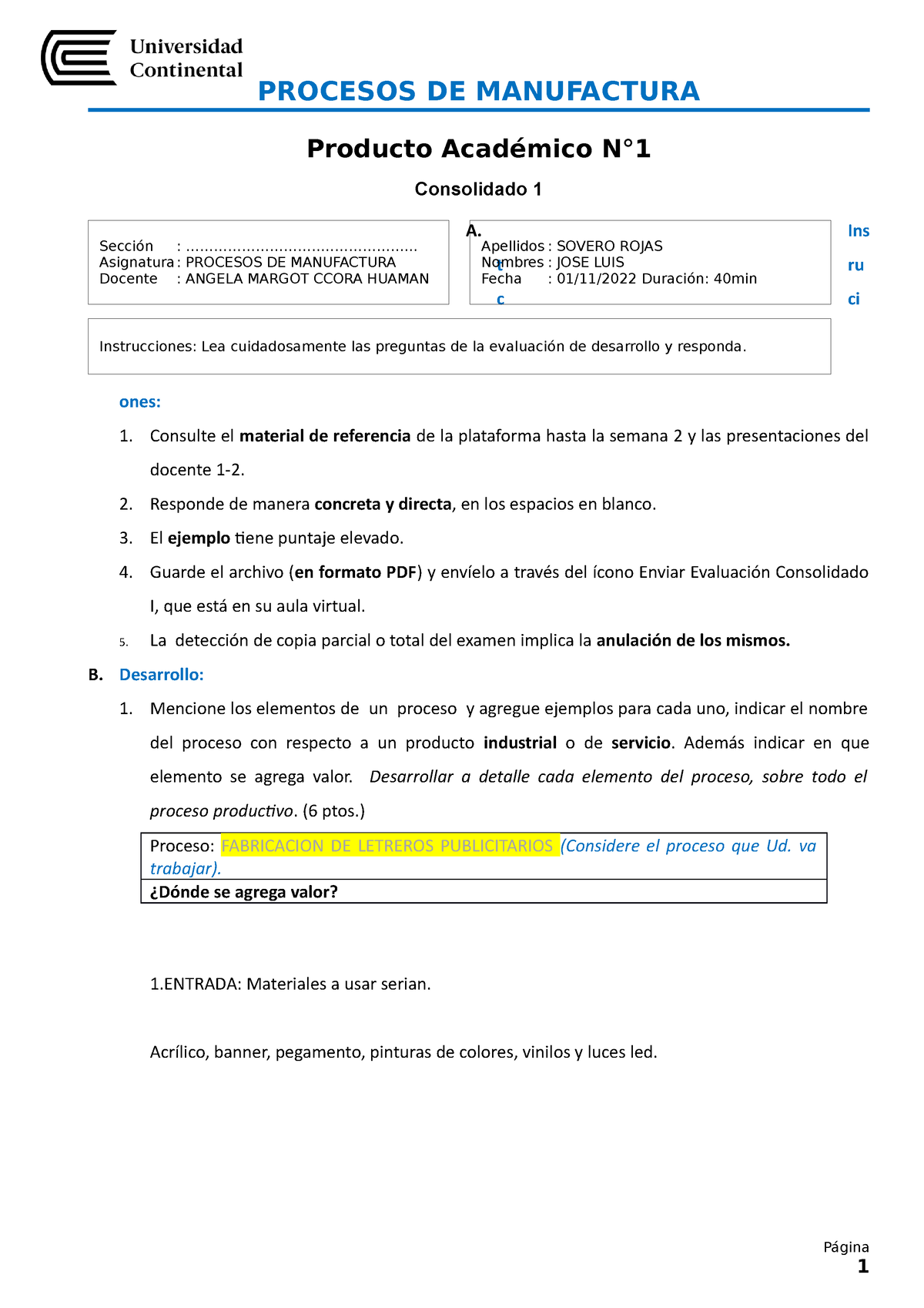 PA 01 Evaluacion Consolidado B - Producto Académico N° Consolidado 1 A ...