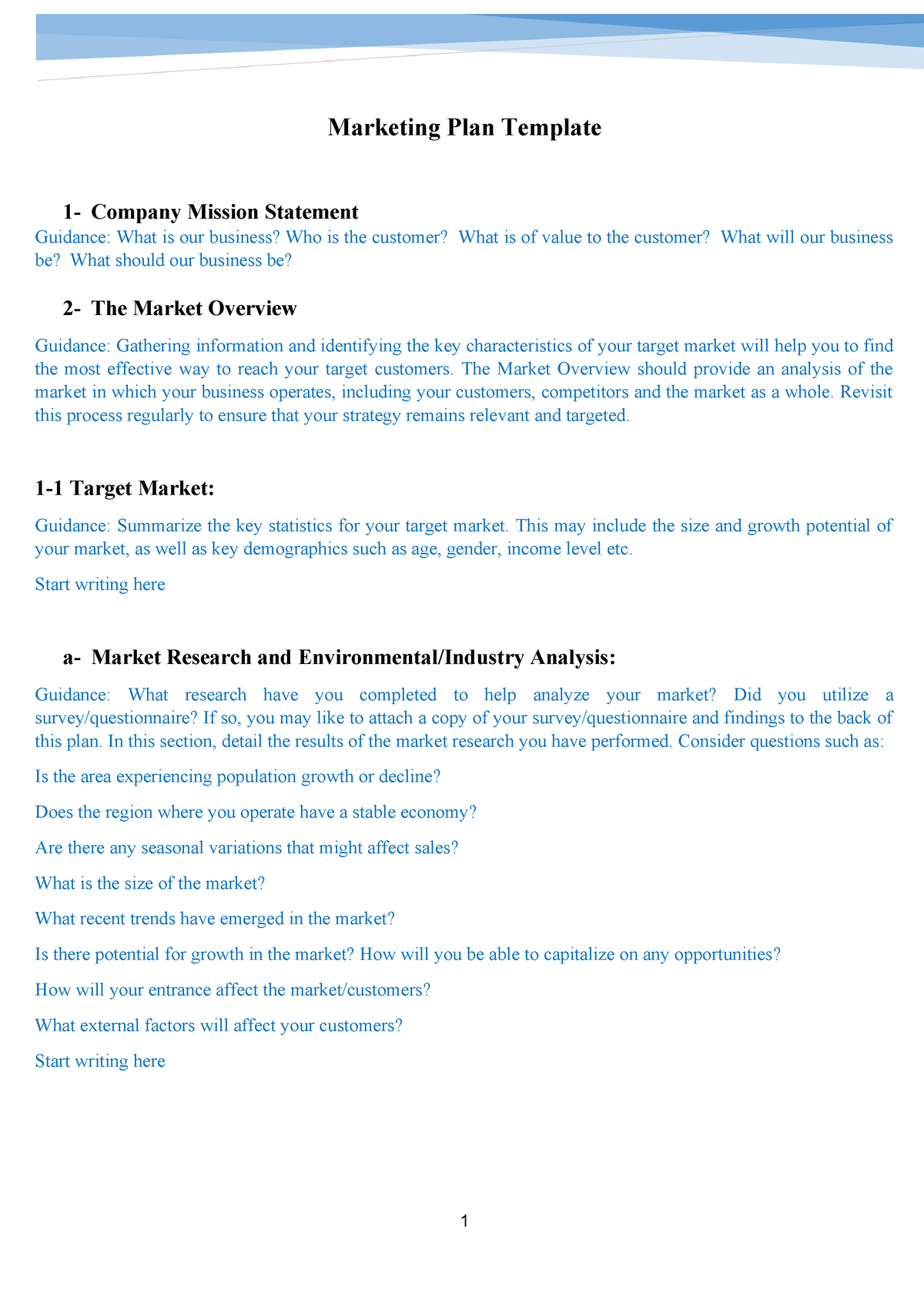 Marketing Paln Template - Marketing Plan Template 1- Company Mission ...