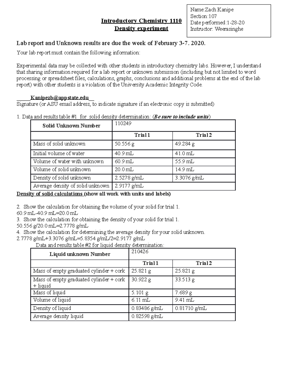 Density lab report 12819 Introductory Chemistry 1110 Density