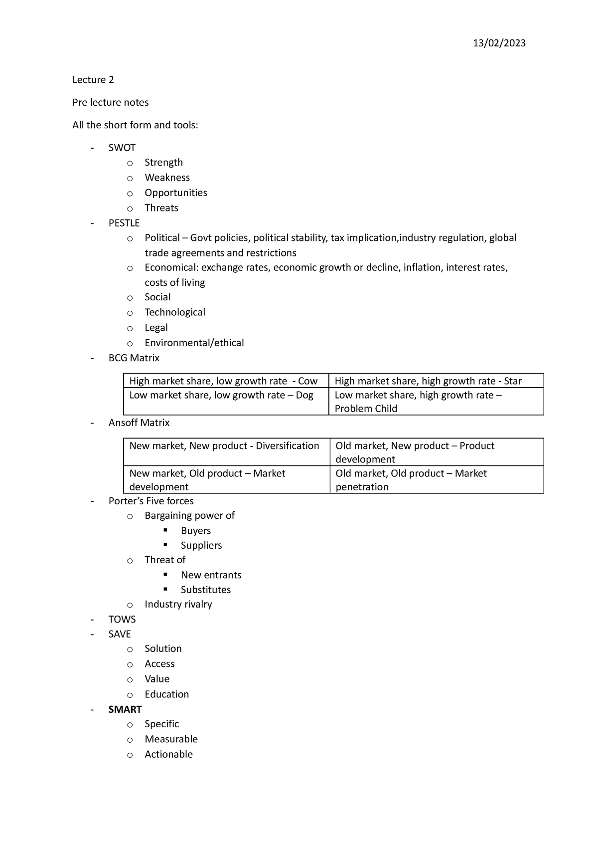 Lecture 2 Notes 1302 Lecture 2 Pre Lecture Notes All The Short Form And Tools Swot O 0033