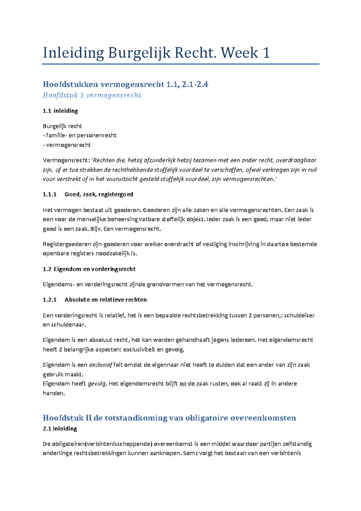 Samenvatting Hoofdstukken Vermogensrecht Week 1 - Inleiding Burgelijk ...