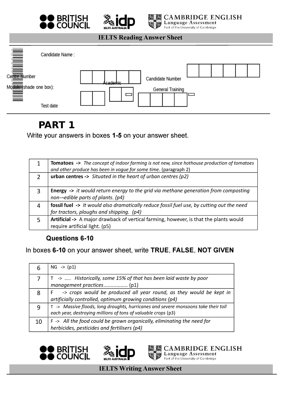 Ielts Answer Sheet - IELTS Reading Answer Sheet IELTS Writing Answer ...