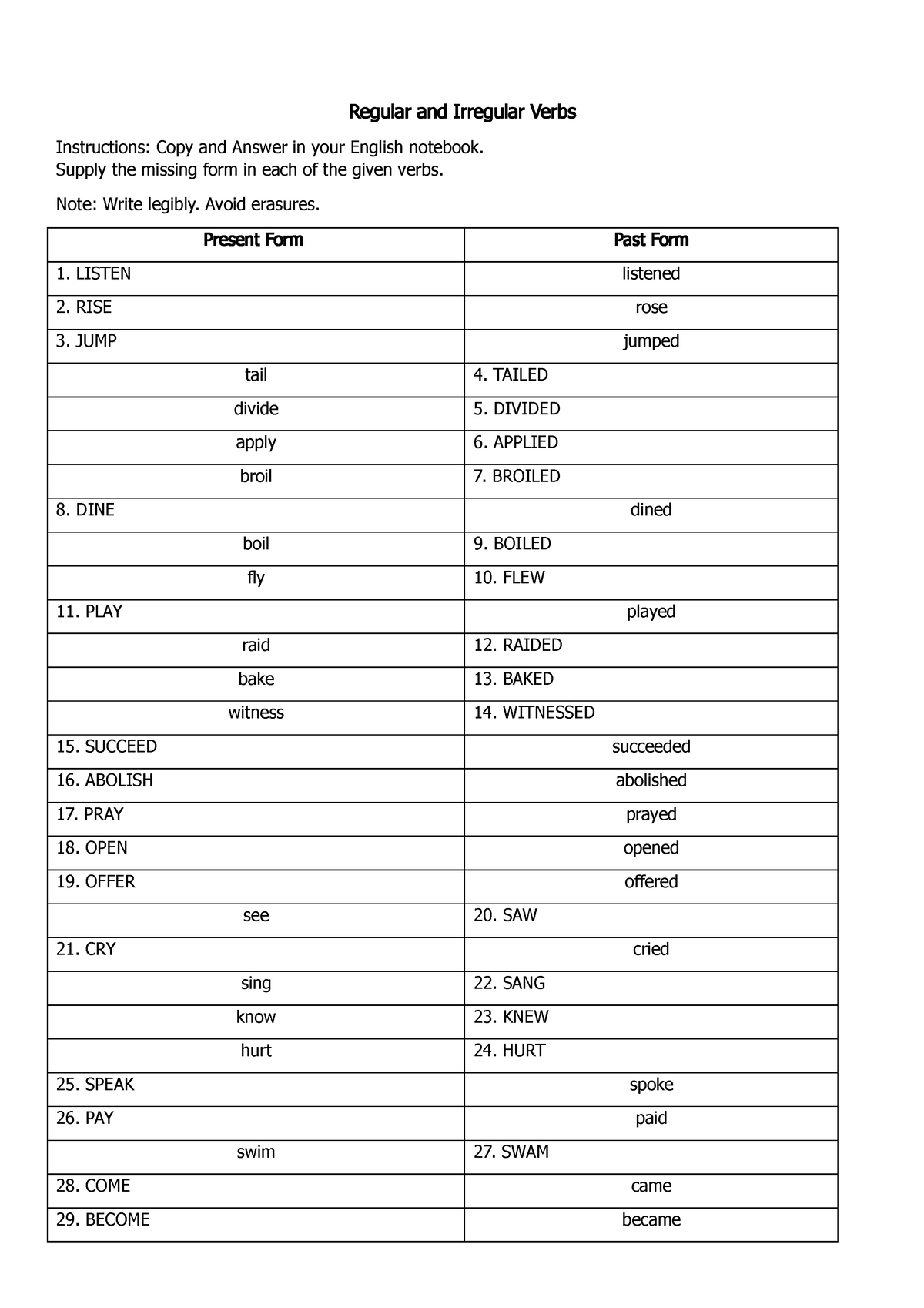 Regular and Irregular Verbs - structure of english - Studocu