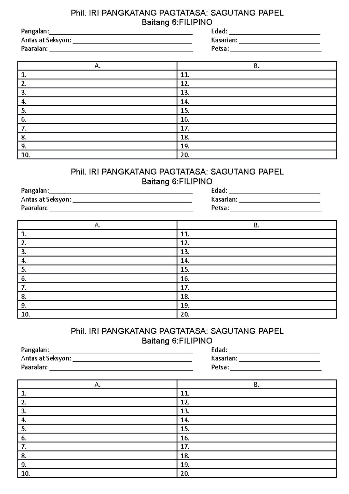 Answer sheets - For educational purposes only. - Baitang 6:FILIPINO ...
