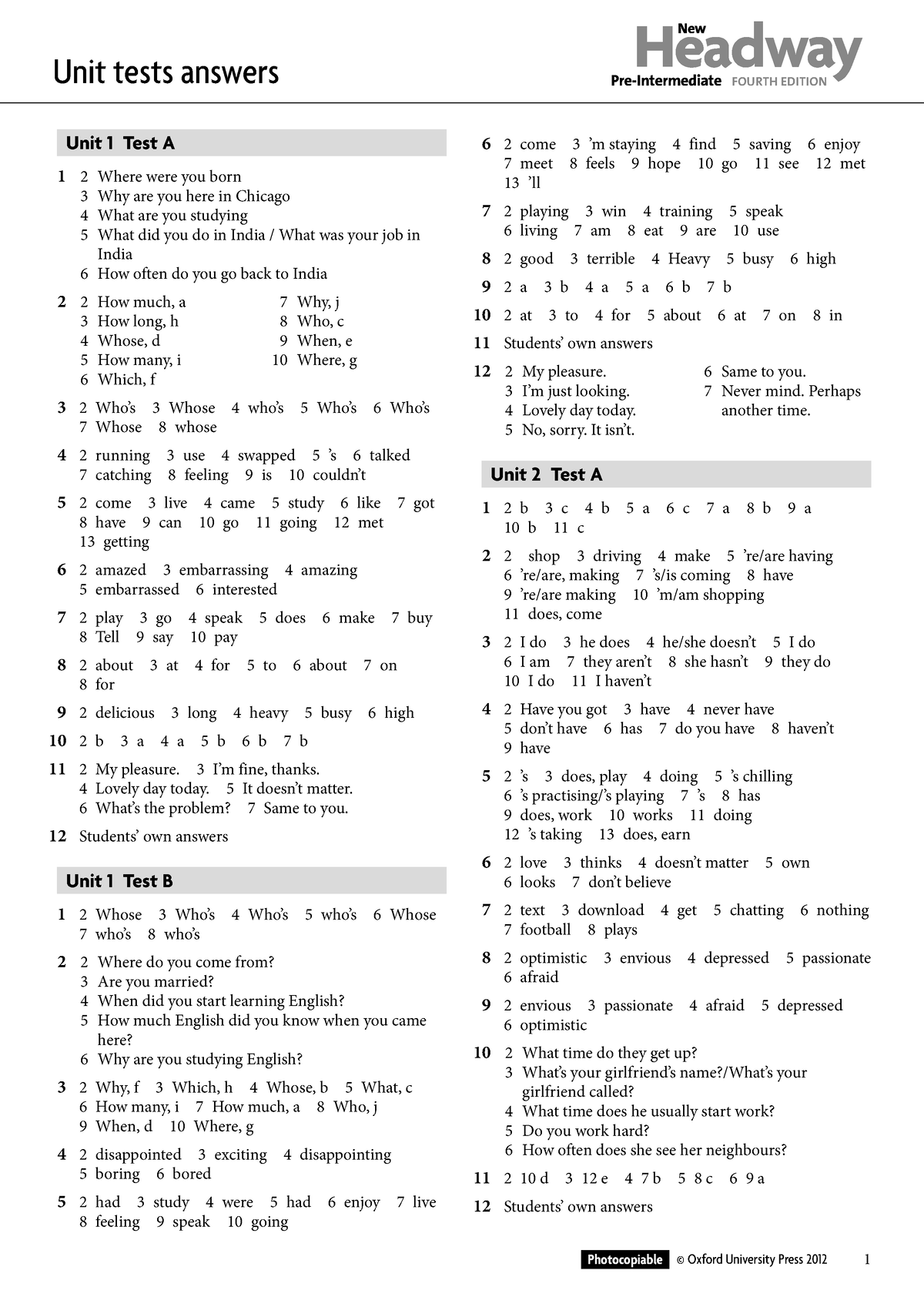 Headway New Pre-Intermediate Fourth Edition 7 ответы 2012 - Unit tests  answers Headway - Studocu