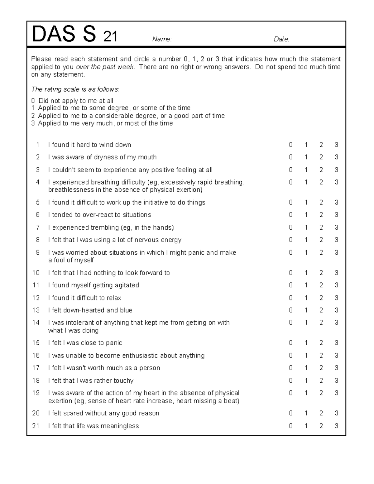 Dass21 Formato DE Preguntas - DAS S 21 Name: Date: Please read each ...