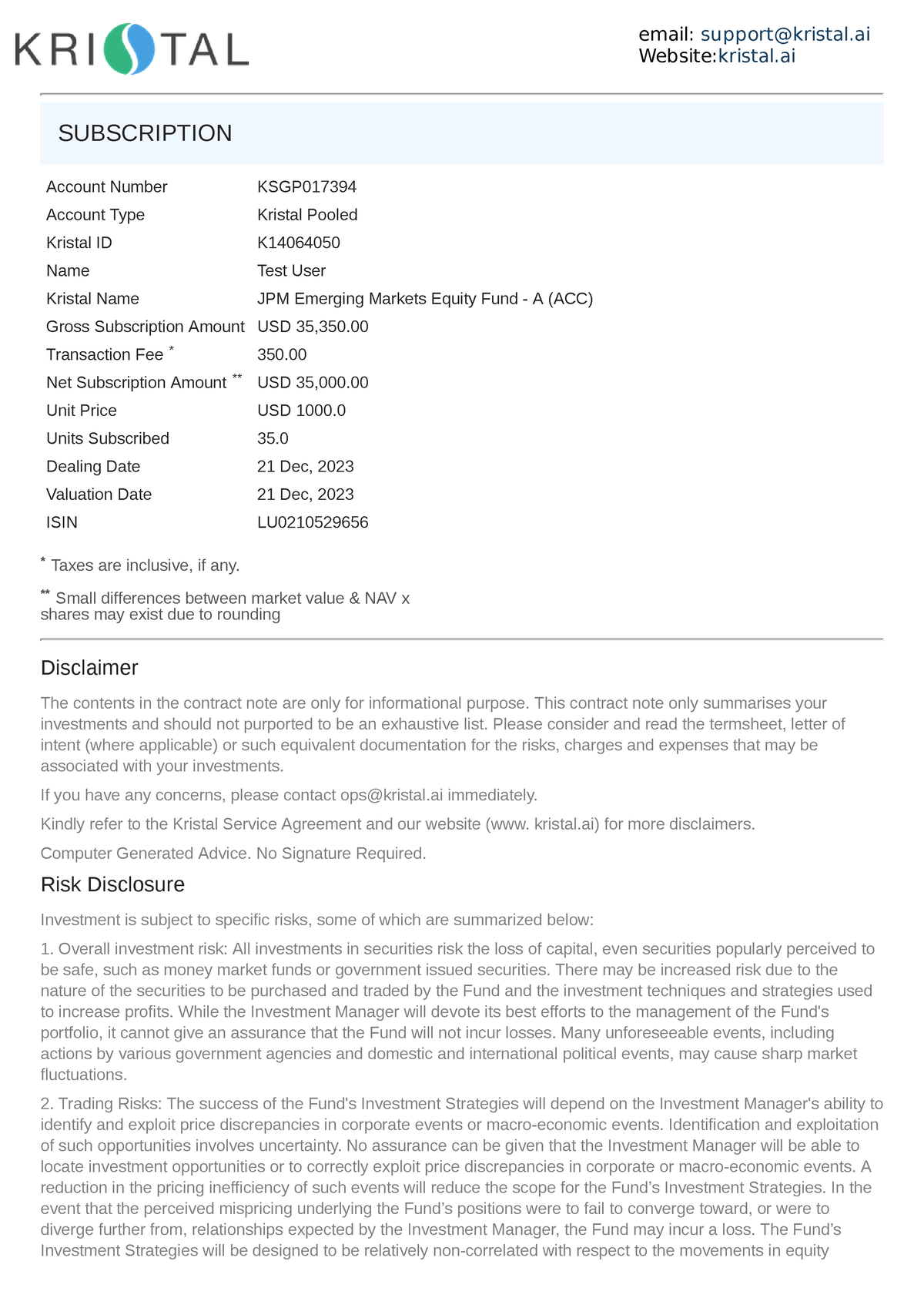 Contract note for JPM Emerging Markets Equity Fund - A (ACC) 21 Dec ...