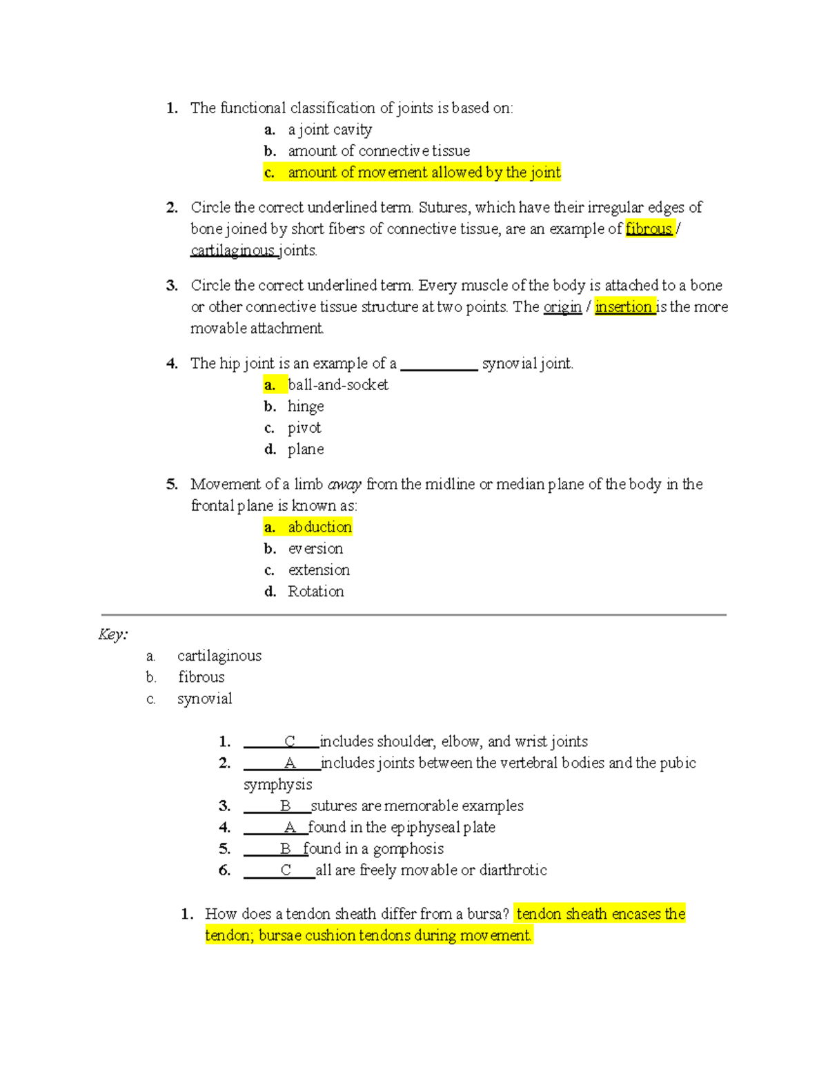Lab- Articulations and Movements - 1. The functional classification of ...