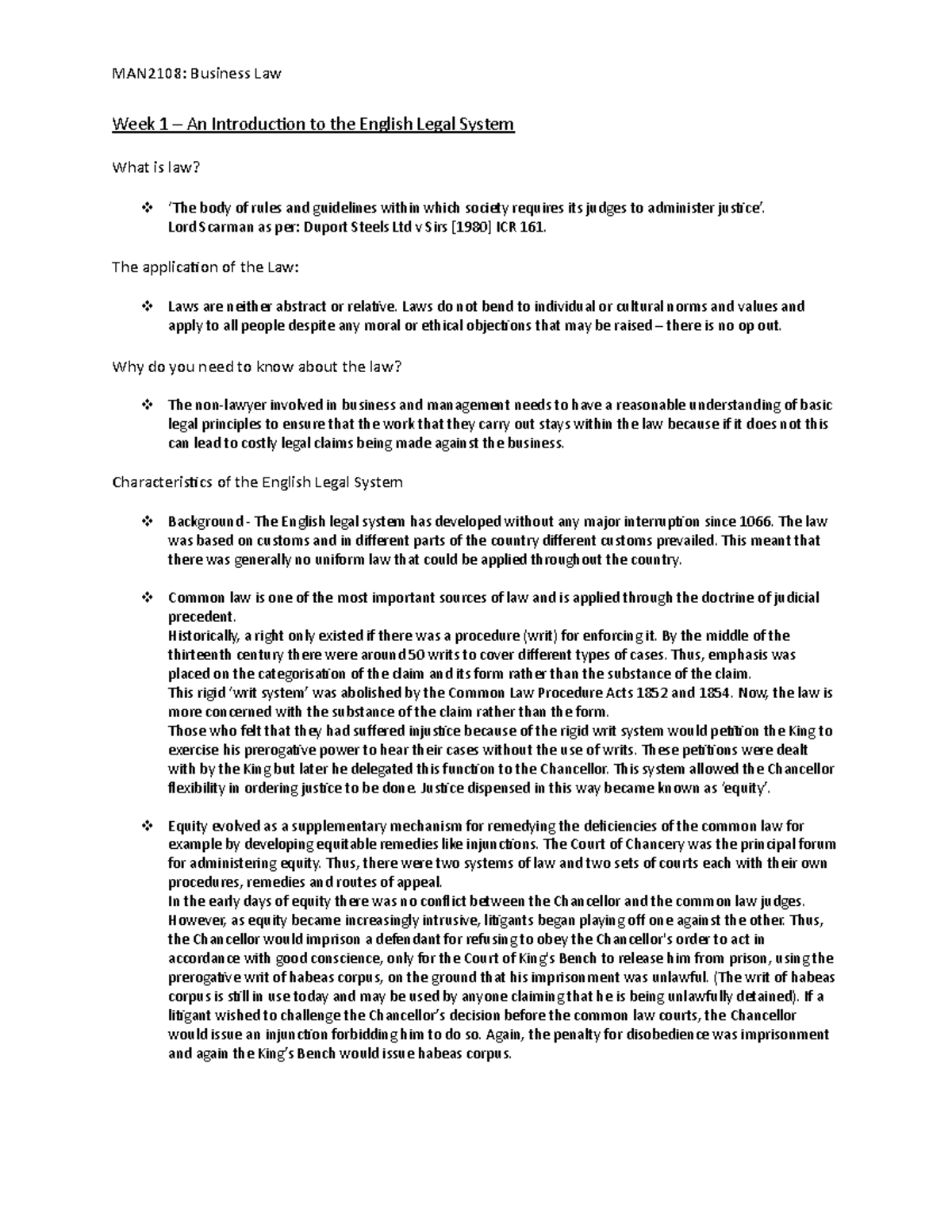 Lecture notes 1 Business Law MAN2018 - Week 1 – An Introduction to the ...