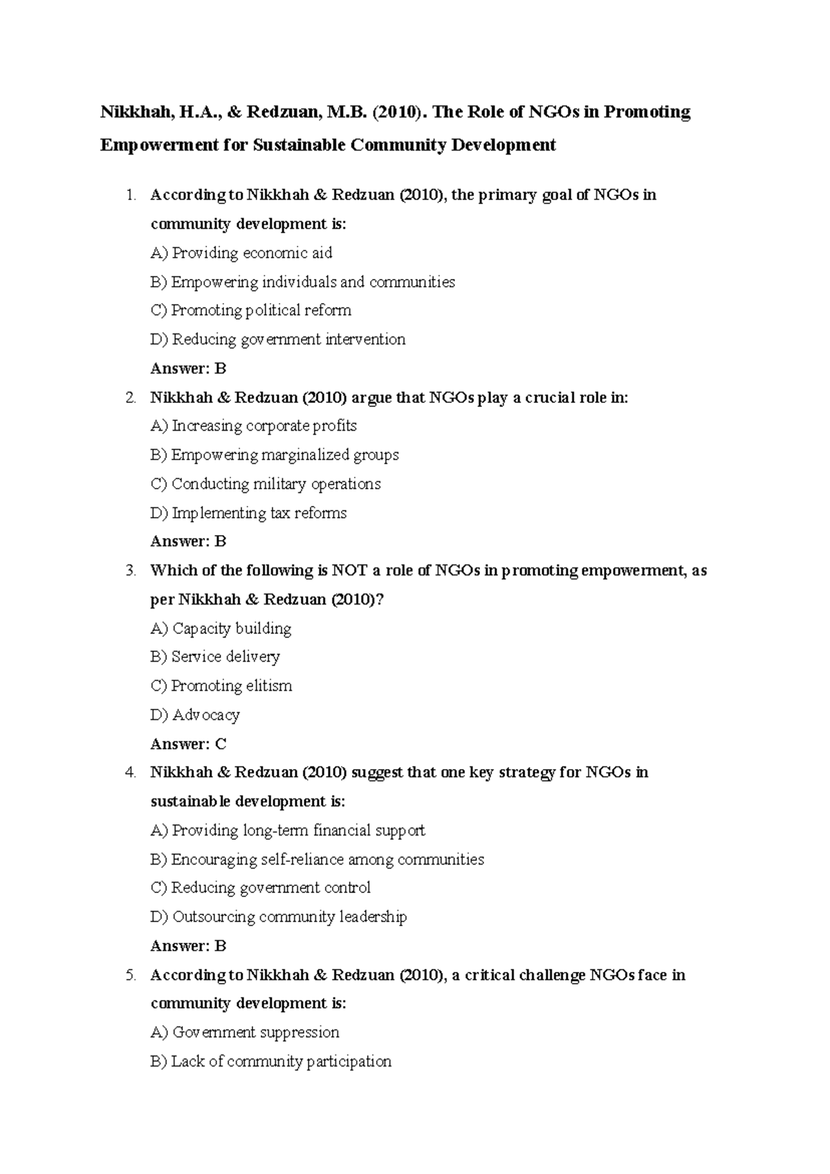 CMDV EXAM Practice 104 - Nikkhah, H., & Redzuan, M. (2010). The Role of ...