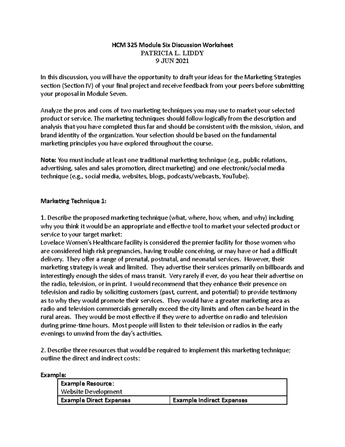 HCM 325 Module Six Discussion Worksheet For Liddy - HCM 325 Module Six ...