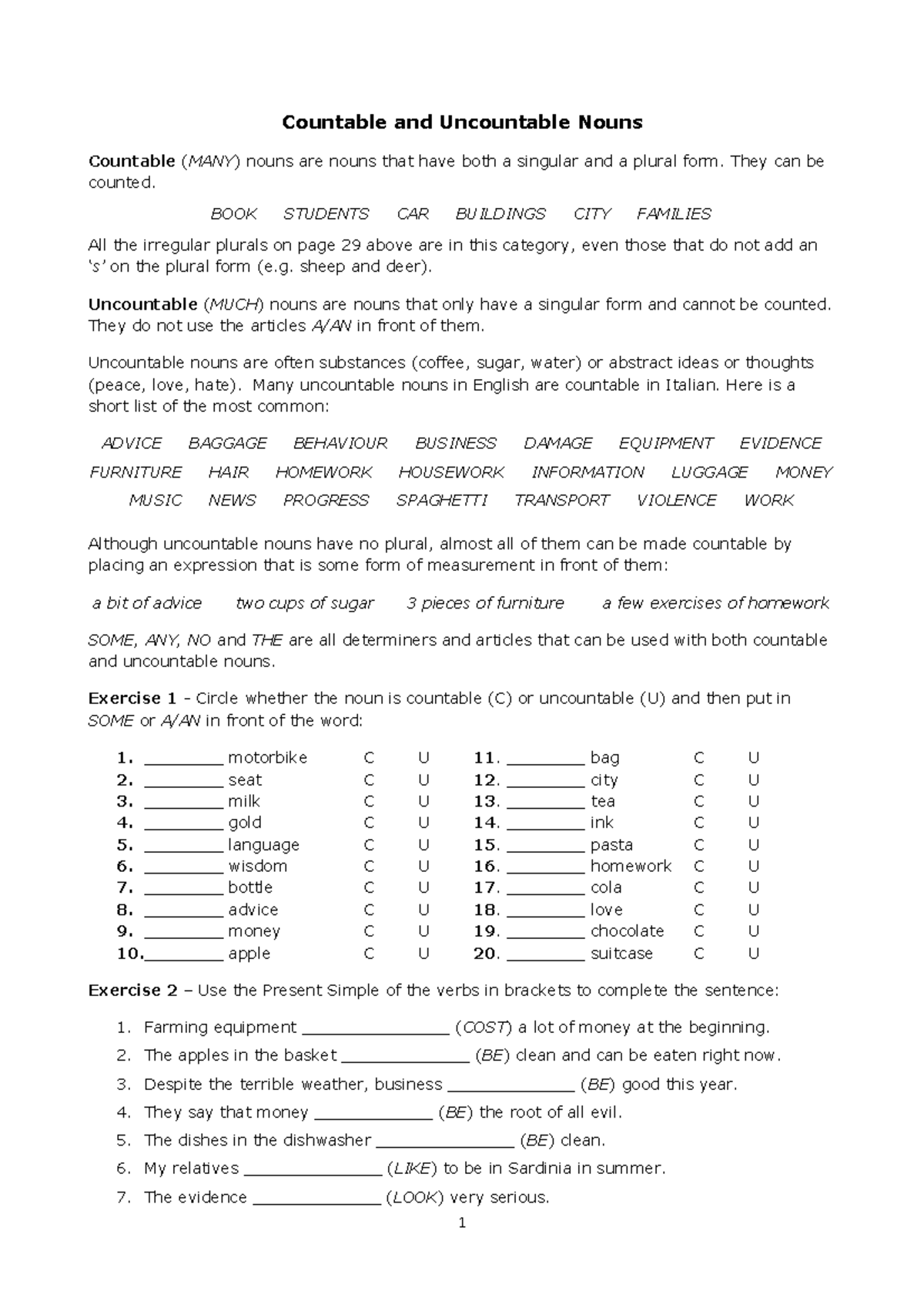 Inglese I agraria dispense part 3 Countable and Uncountable Nouns