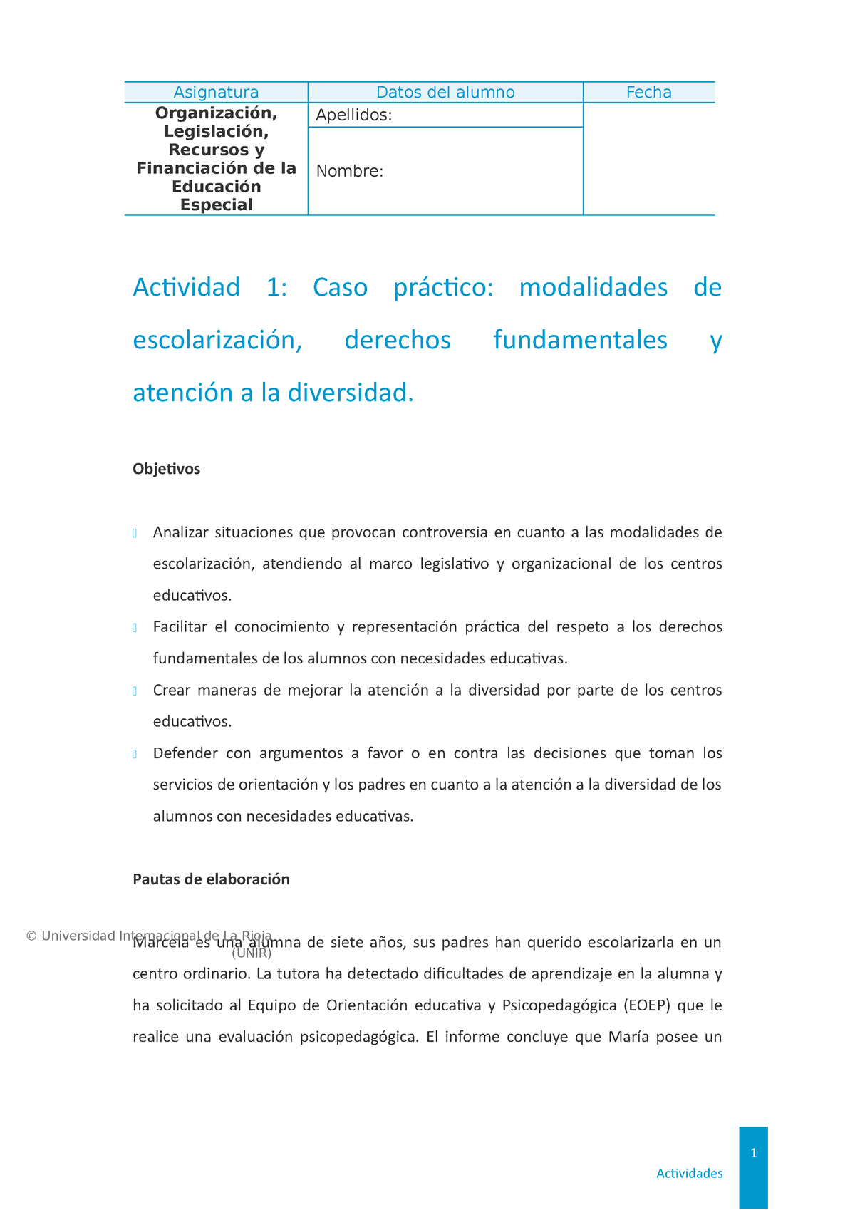 Actividad Caso Práctico Organización Legislación Recursos Y Financiación De La Ee 4821