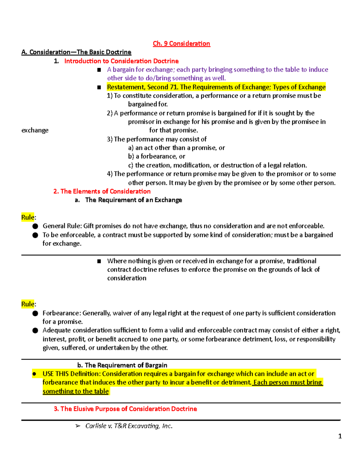 Outline for final - Ch. 9 Consideration A. Consideration—The Basic ...