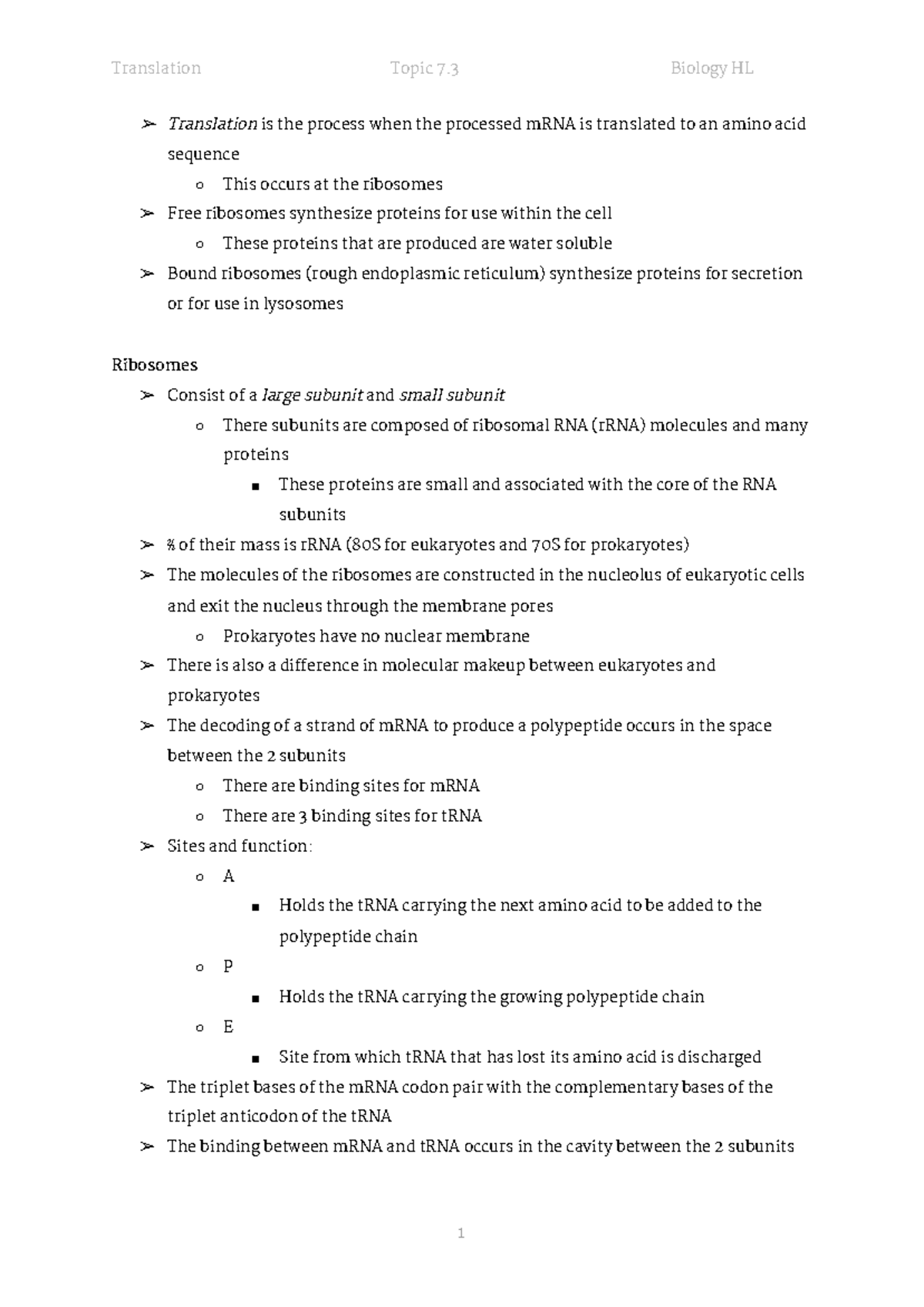 DNA translation and levels of protein organization - Translation is the ...