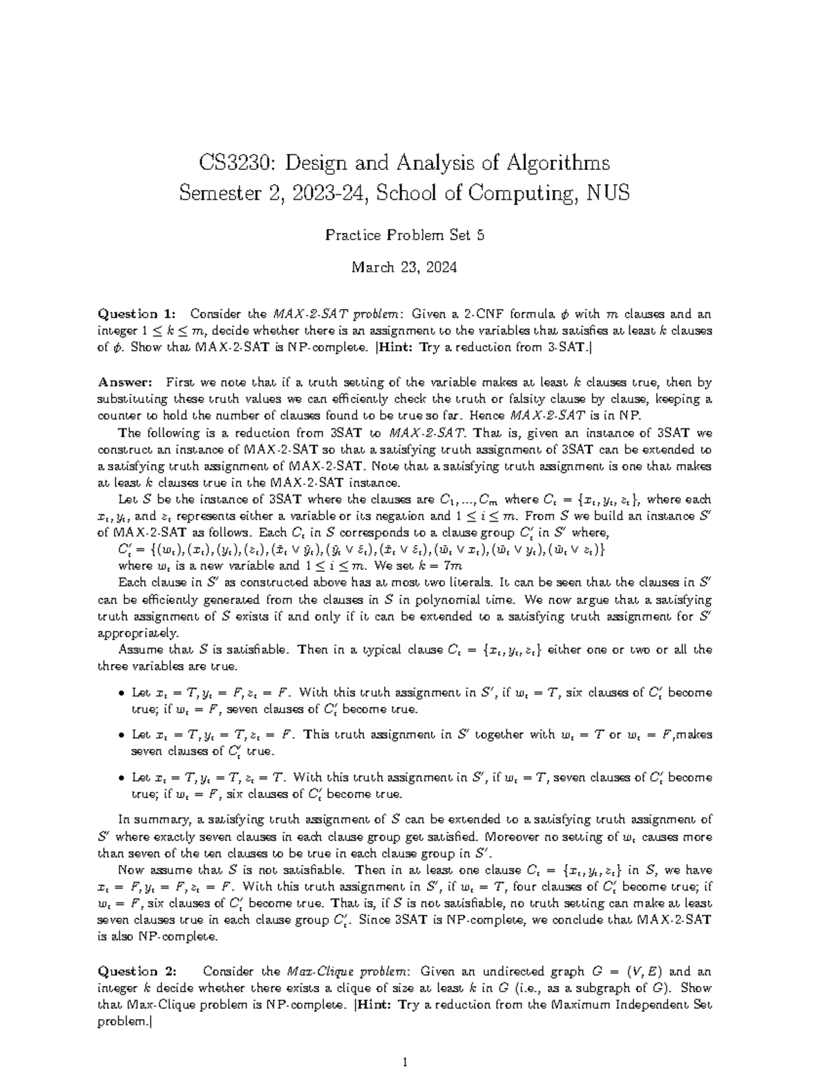 Solutions practice set 5 - CS3230: Design and Analysis of Algorithms ...