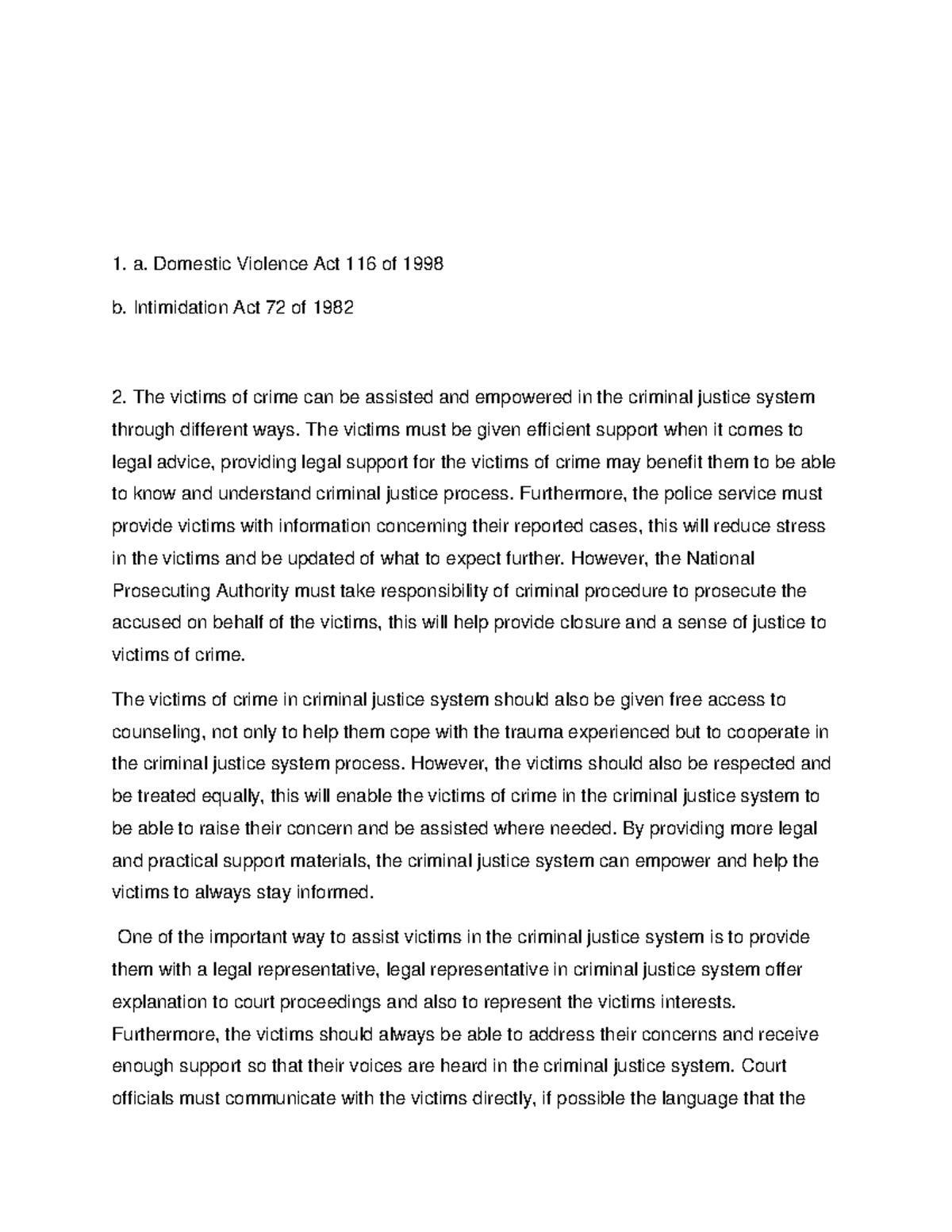 Forum 4 SJD101 - a. Domestic Violence Act 116 of 1998 b. Intimidation ...