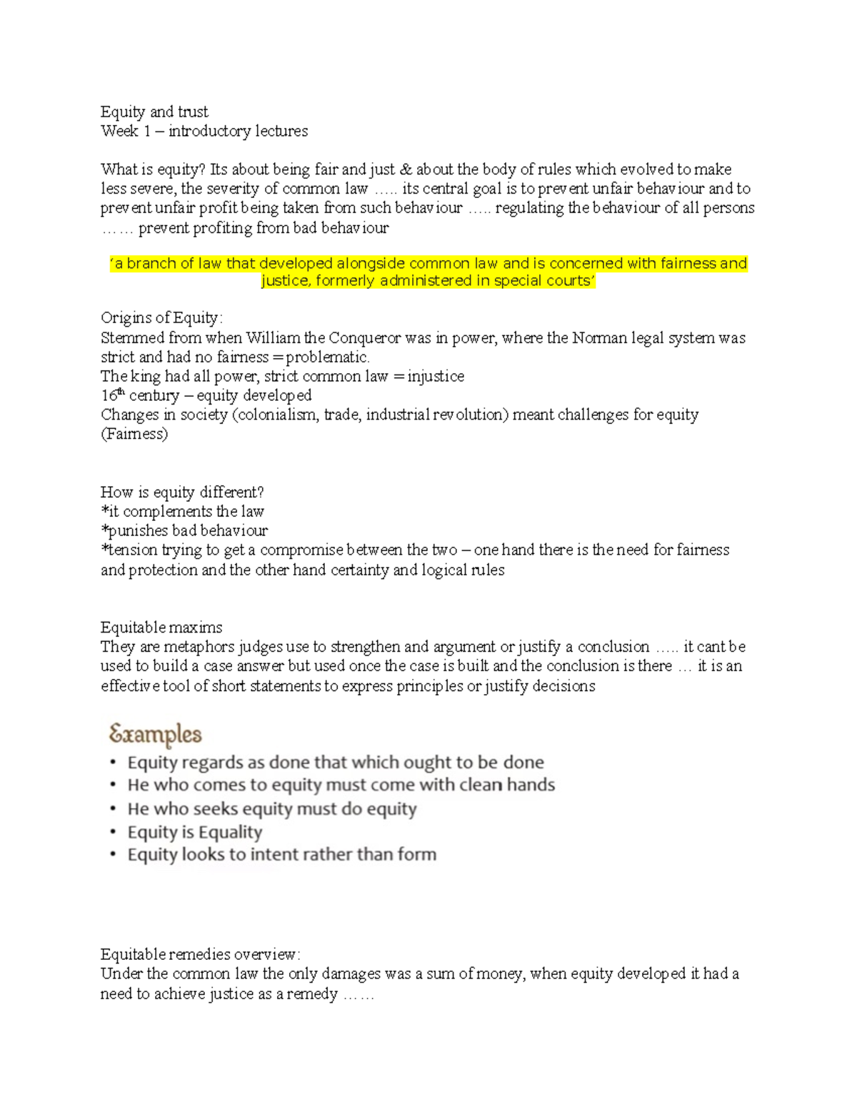 Week 1 - Lecture notes 1 - Equity and trust Week 1 – introductory ...