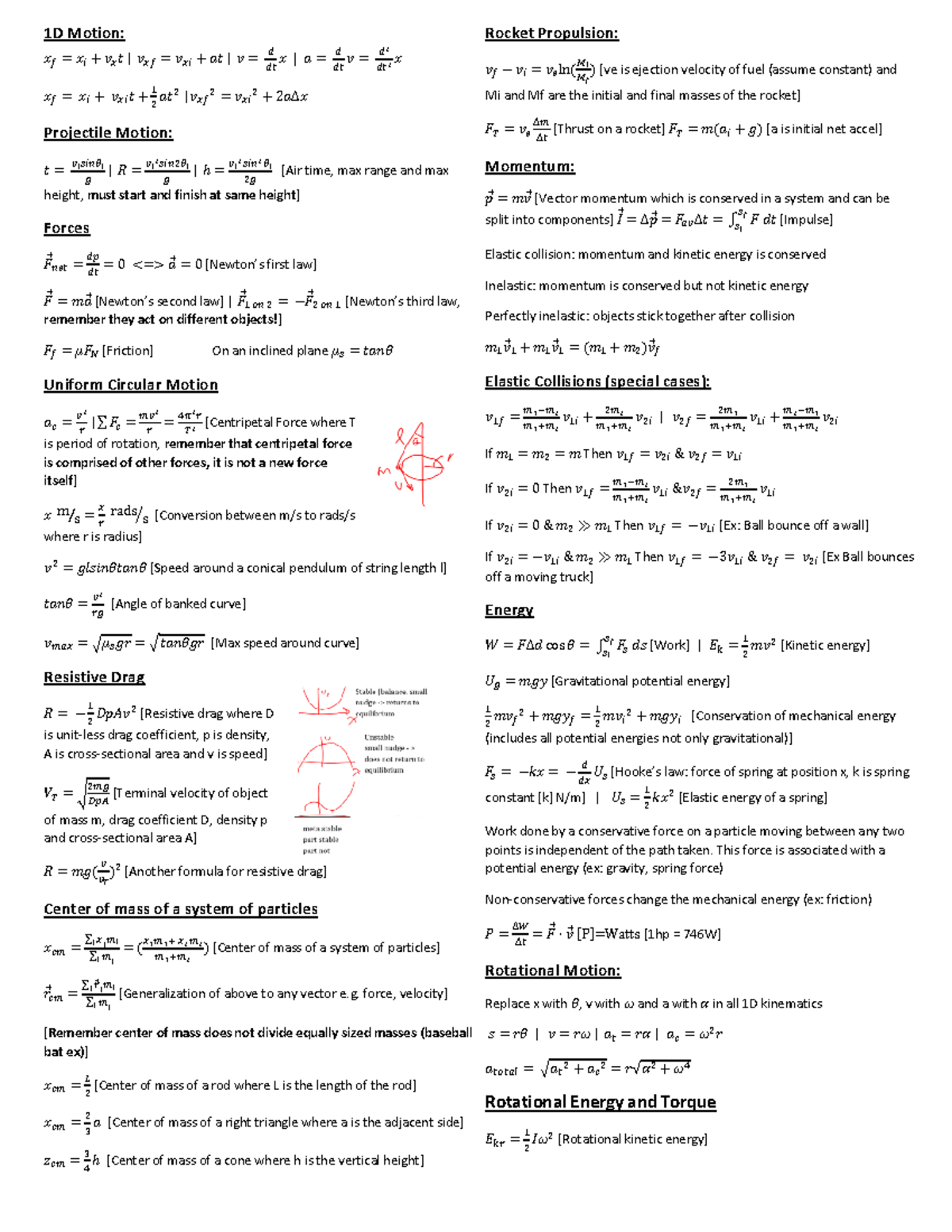 Final Formula Sheet - 1D Motion: 𝑥𝑓 = 𝑥𝑖 + 𝑣𝑥𝑡 | 𝑣𝑥𝑓 = 𝑣𝑥𝑖 + 𝑎𝑡 | 𝑣 = 𝑑 ...