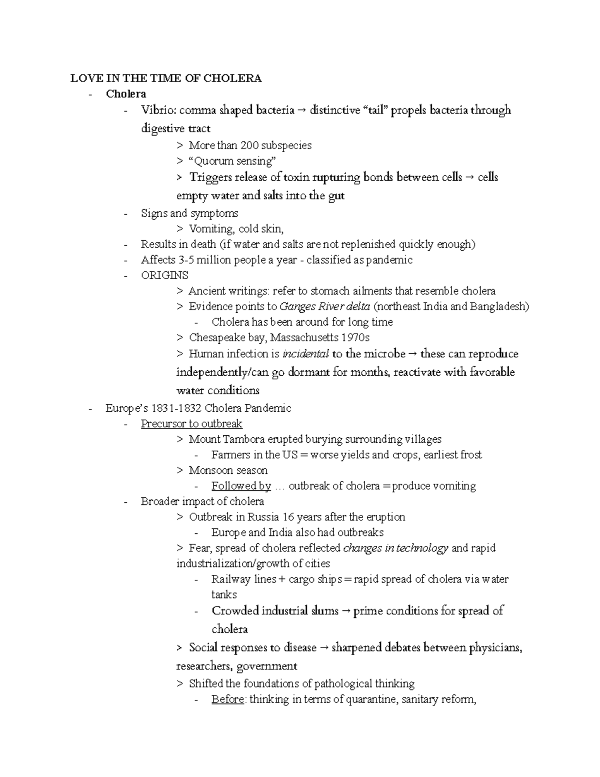 WEEK 4 Lecture Notes - LOVE IN THE TIME OF CHOLERA Cholera Vibrio ...