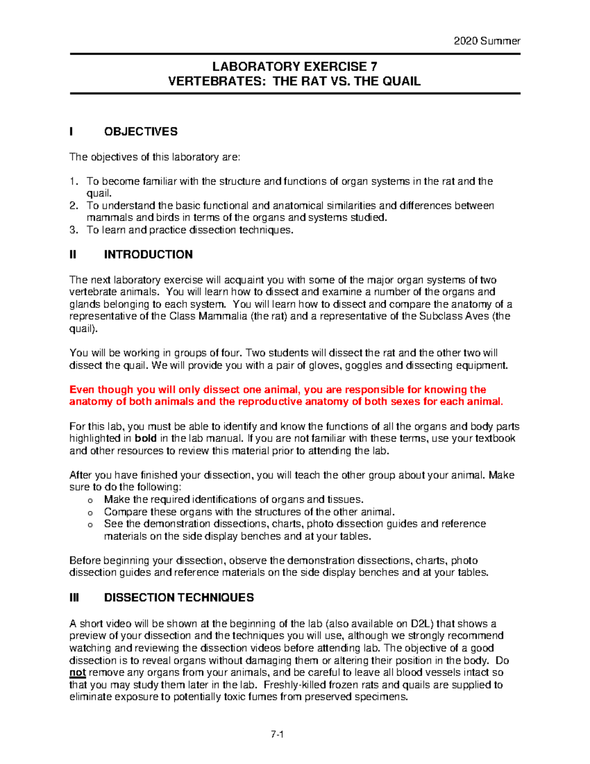 BIOL 1215 - Lab 7 Rat and Quail (2020 Summer) - LABORATORY EXERCISE 7 ...