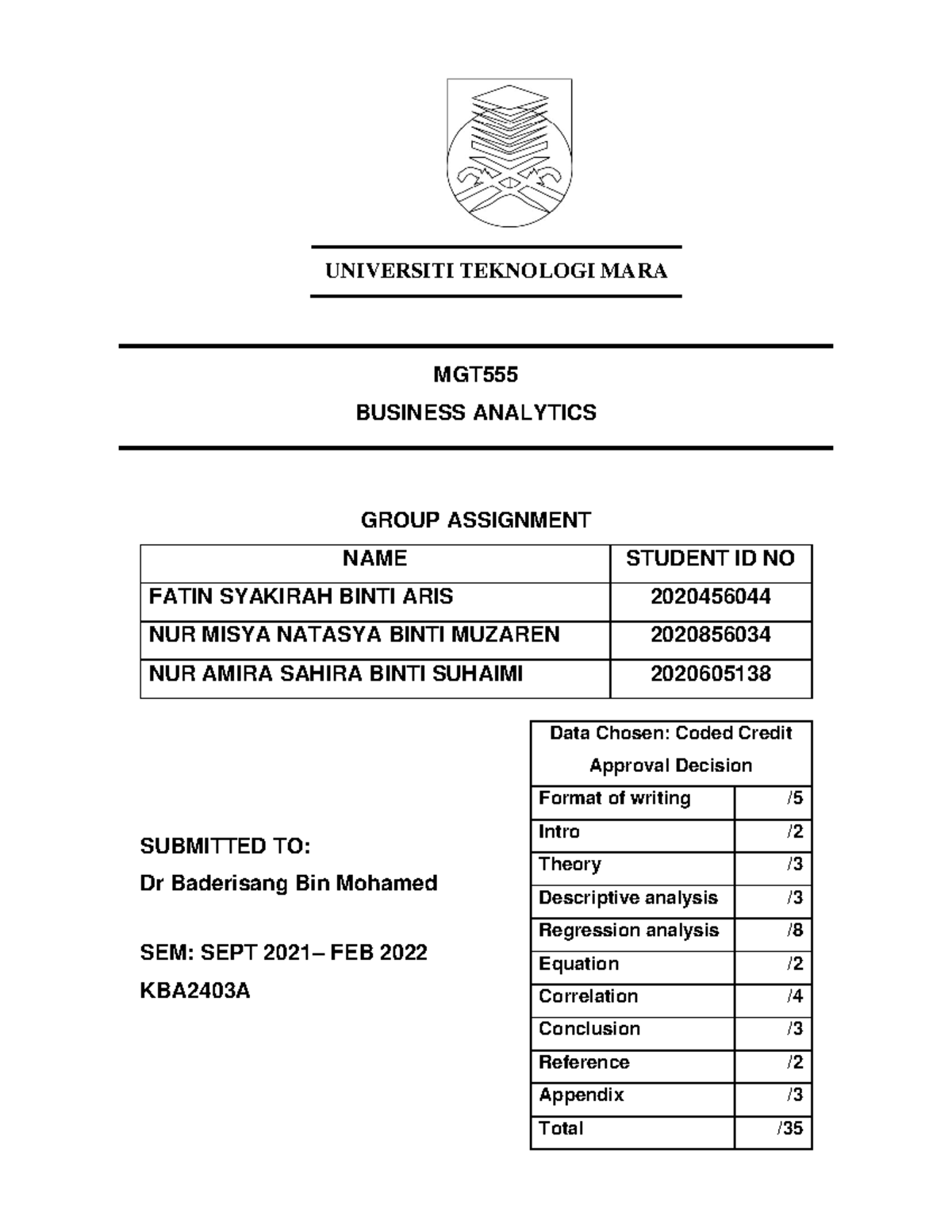 MGT555 - Group Assignment ( Coded Credit Approval Decision ...