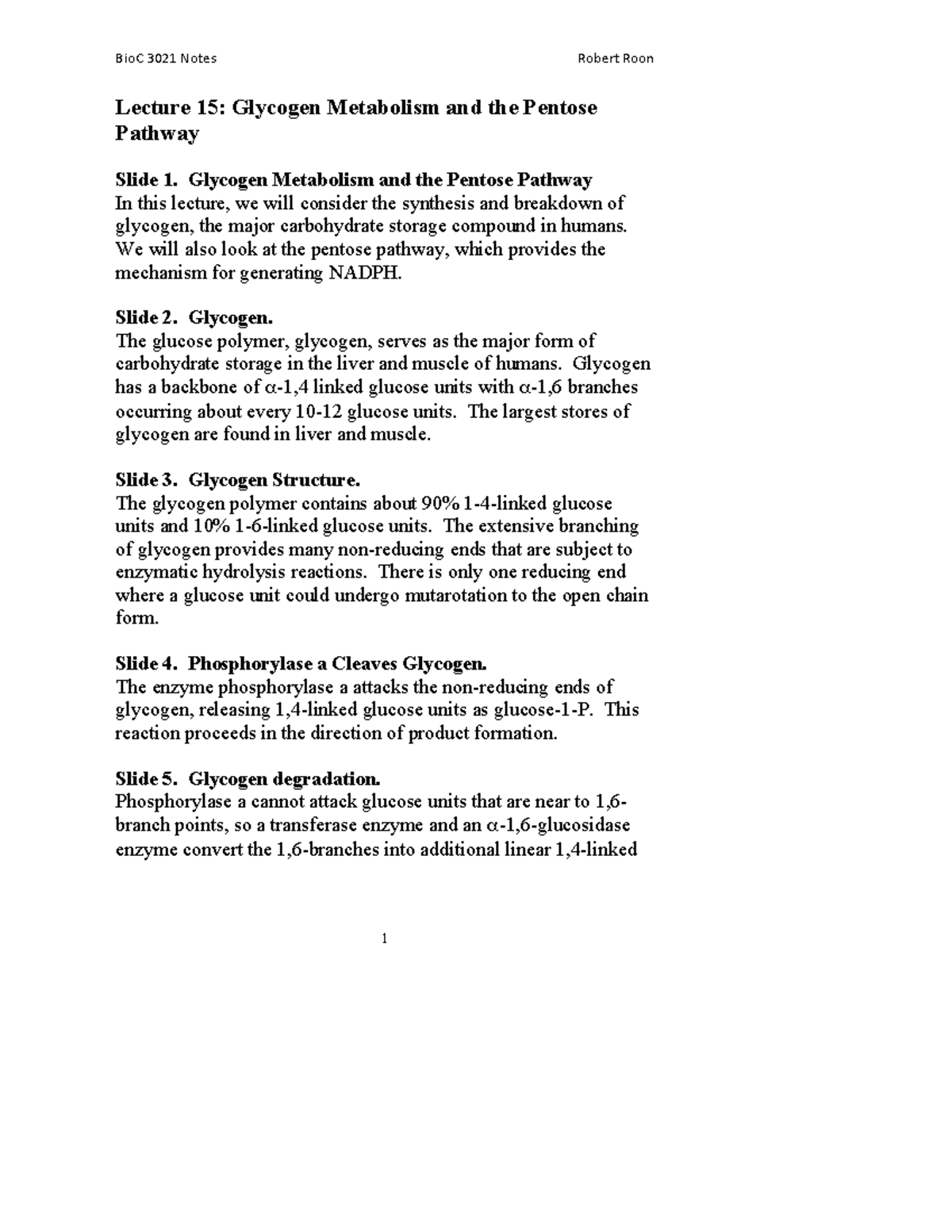 Lecture 15 Glycogen Metabolism and the Pentose Pathway - Glycogen ...