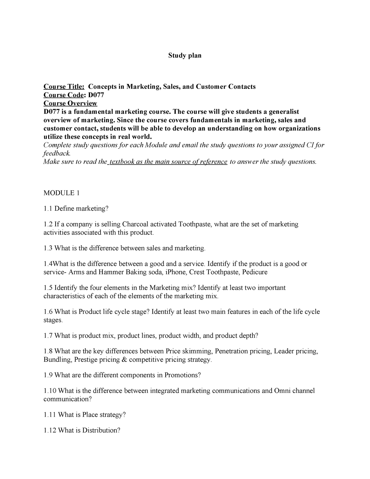 D077 Study Questions - Study plan Course Title: Concepts in Marketing ...