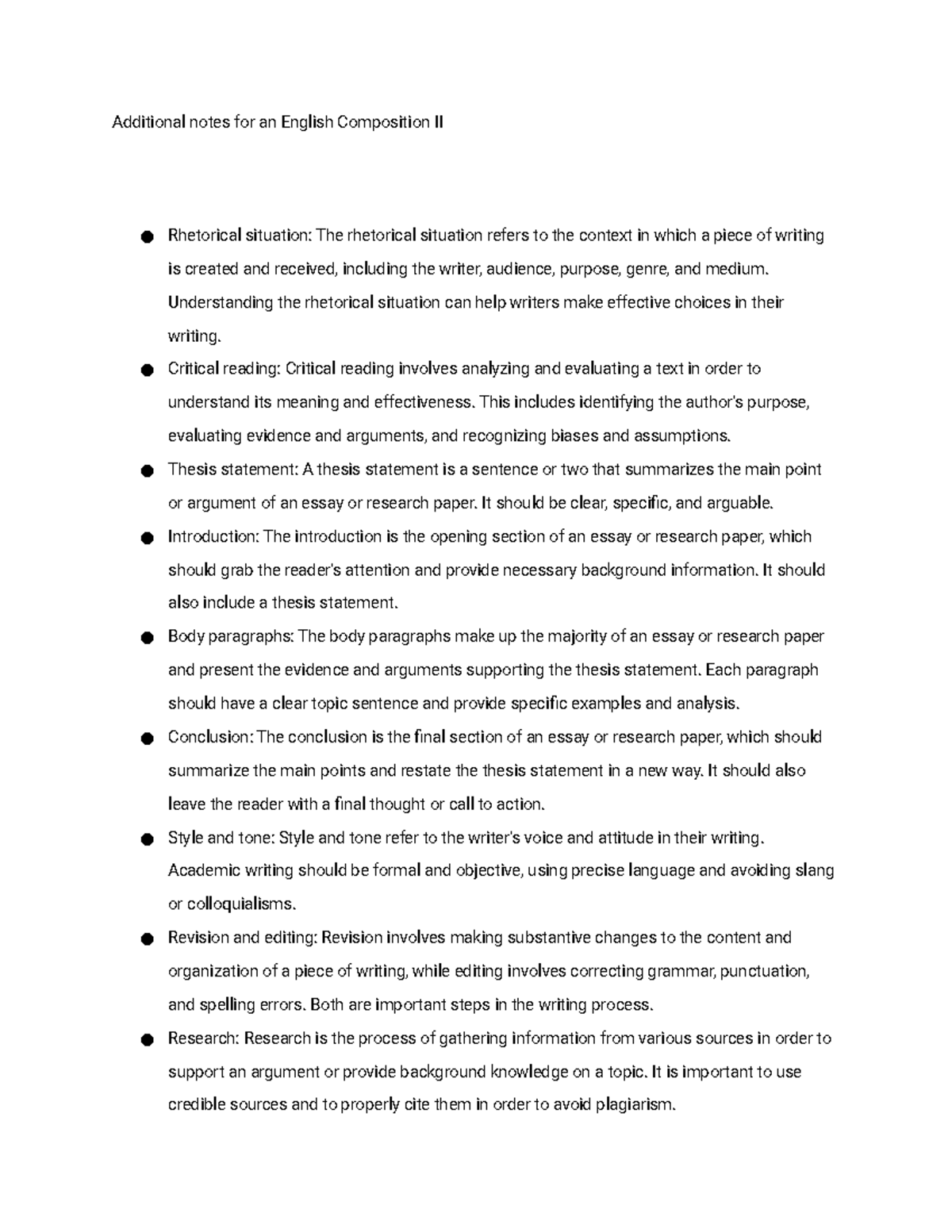 Additional notes for an English Composition II - Understanding the ...