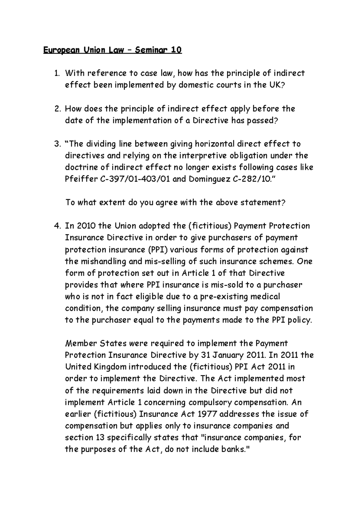 Week 10 Seminar - Lecture notes 10 - European Union Law – Seminar 10 ...