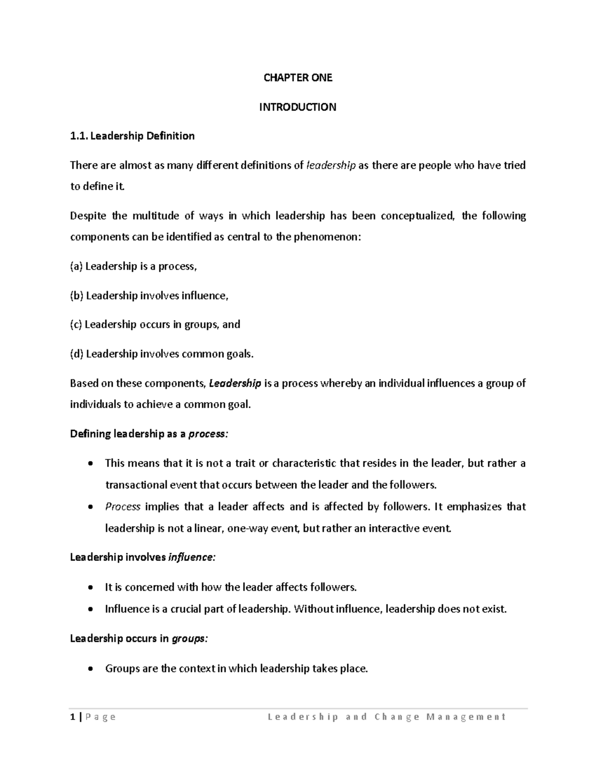Chapter One - It is an handout for the course leadership and management ...