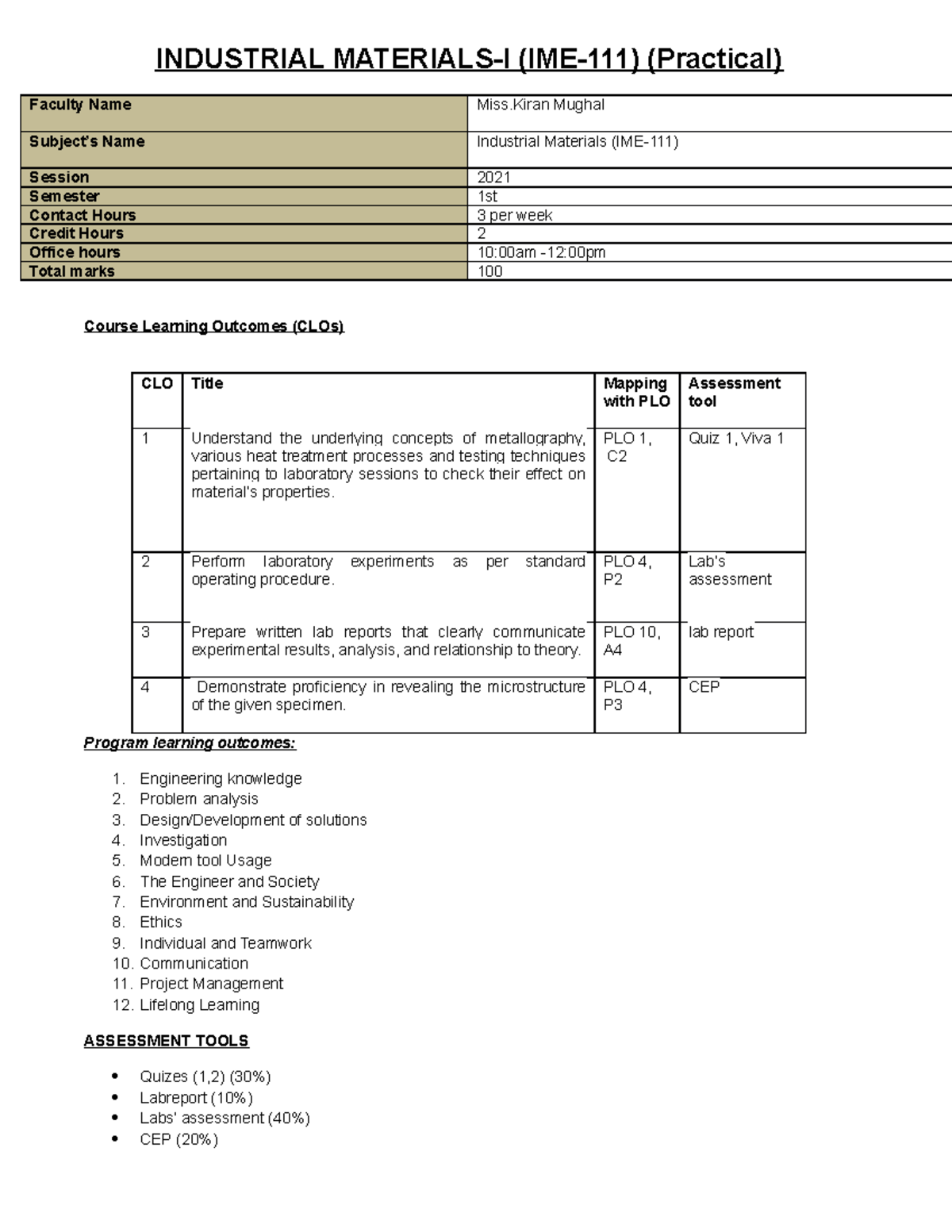 Lab plan IM-II - ignore ;) - INDUSTRIAL MATERIALS-I (IME-111 ...