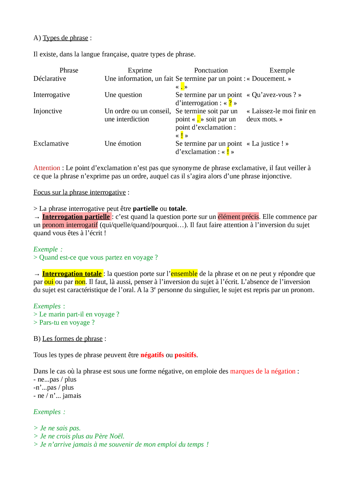 Types Et Formes De Phrase A Types De Phrase Il Existe Dans La