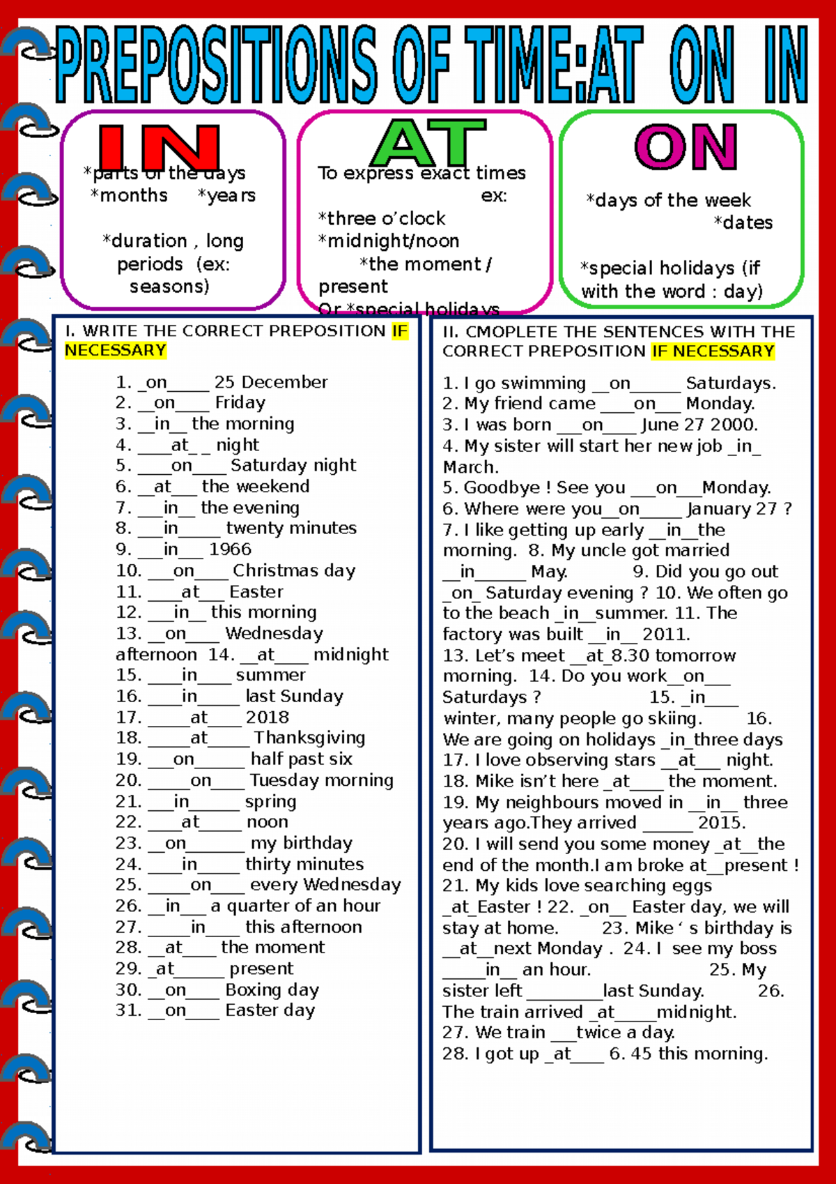 Time prepositions at on in with key gram - *parts of the days *months ...