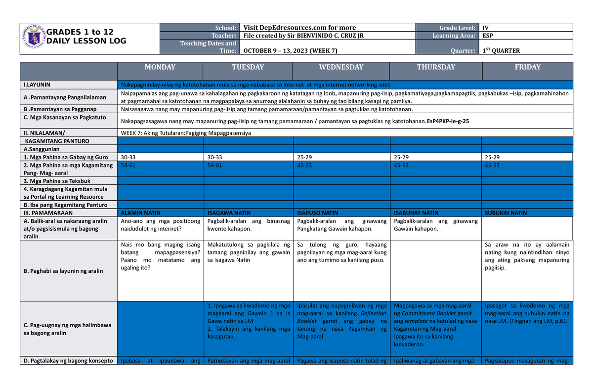 DLL ESP 4 Q1 W7 - Daily Lesson Log For Teachers - GRADES 1 To 12 DAILY ...