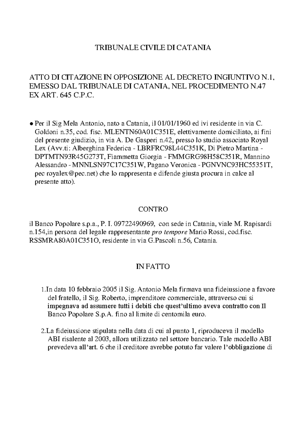 Opposizione AL Decreto Ingiuntivo - TRIBUNALE CIVILE DI CATANIA ATTO DI ...