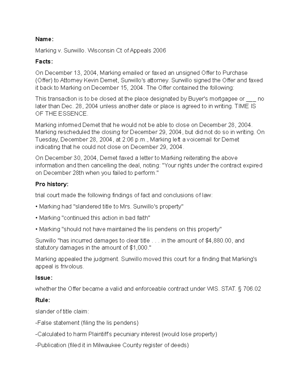Torts II week 12 case briefs - Name: Marking v. Surwillo. Wisconsin Ct ...