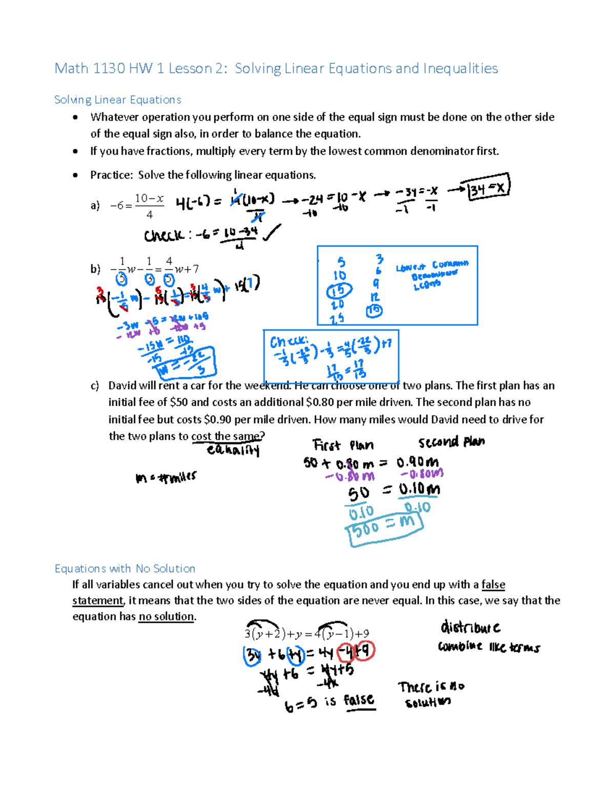 College Algebra HW 2 Notes - Math 1130 HW 1 Lesson 2: Solving Linear ...