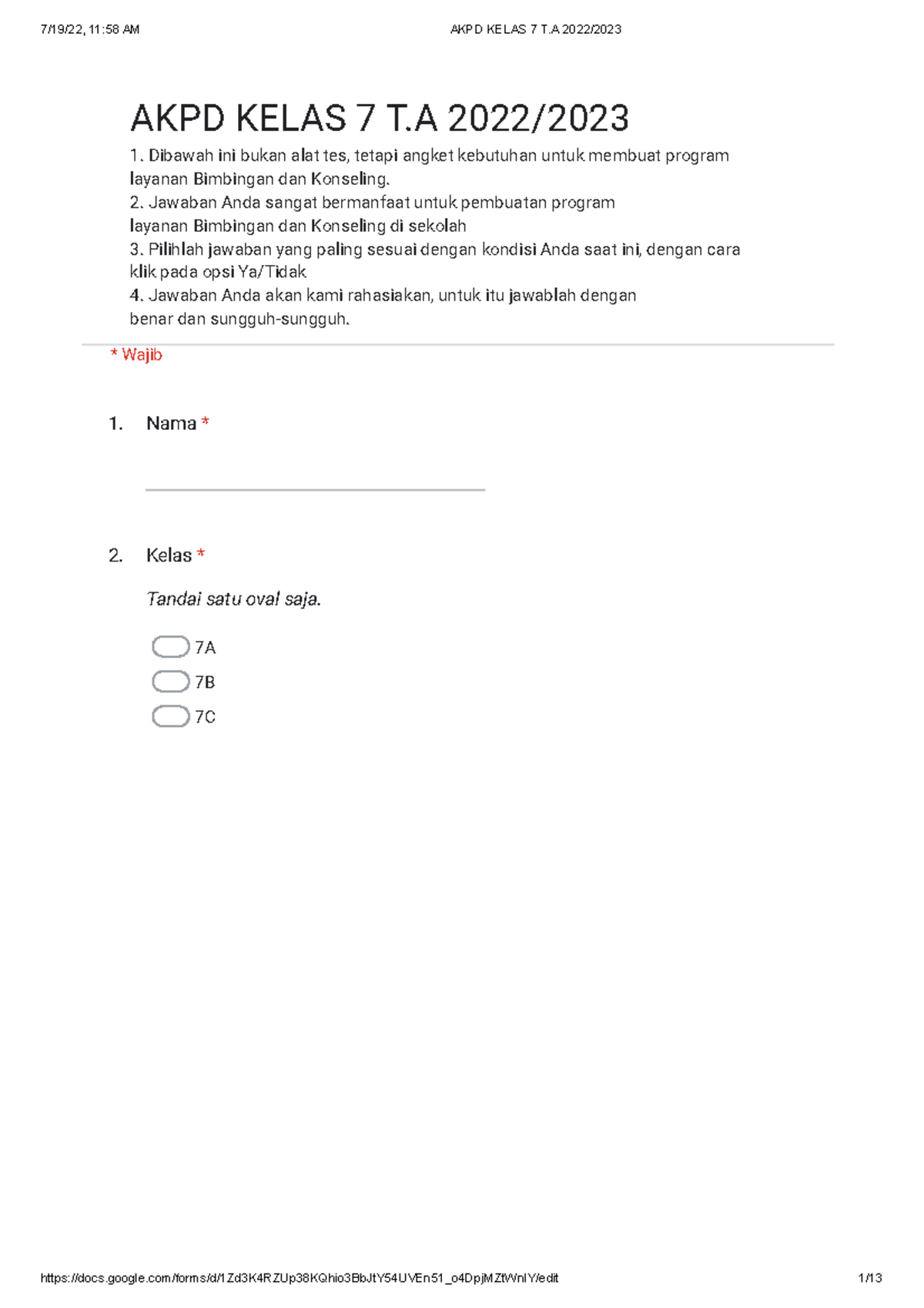 AKPD Kelas 7 T.A 2022 2023 - Google Formulir - 1. 2. Tandai satu oval ...