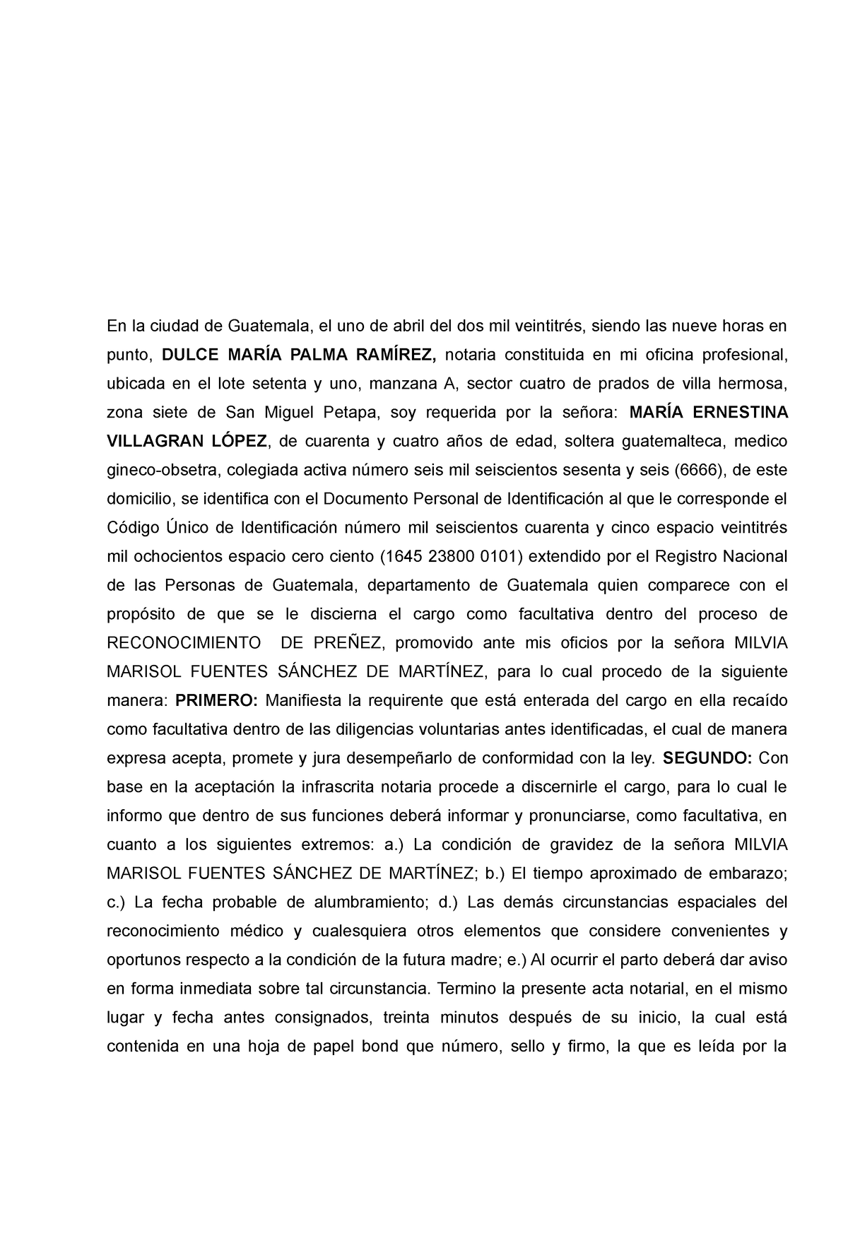 Acta De Requerimiento Cambio De Nombre Dulce Palma En La Ciudad De