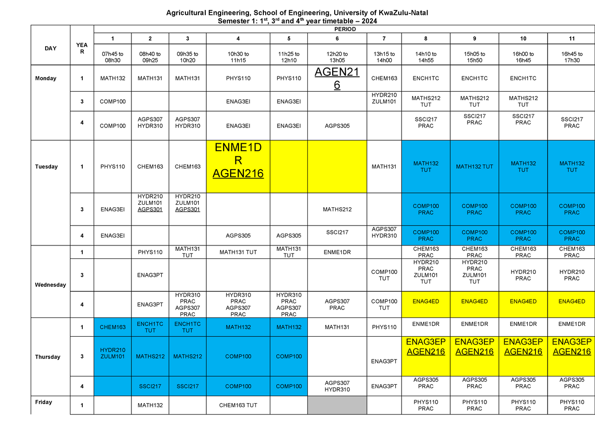 Ag Eng216 PMB Timetable - S1 2024 - Agricultural Engineering, School of ...