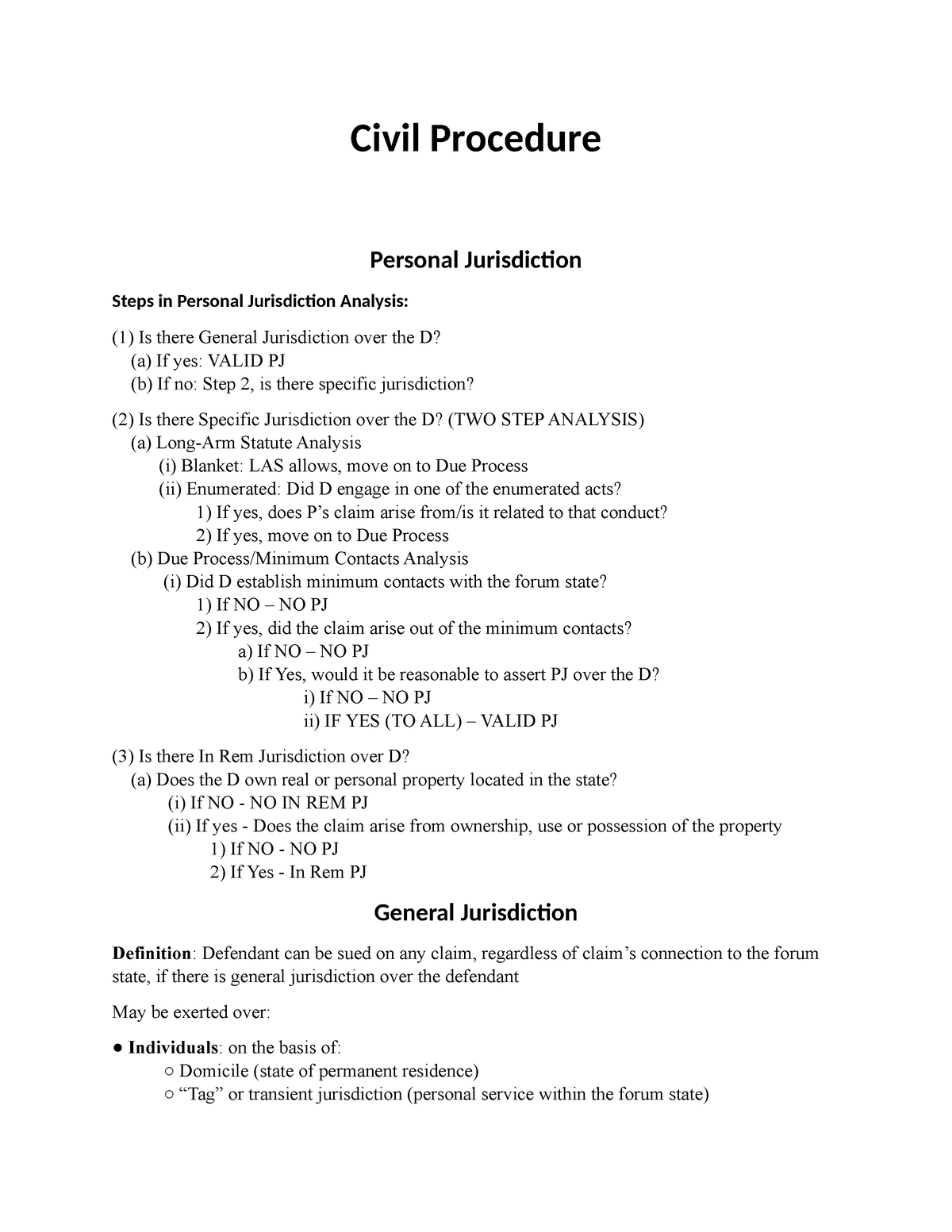 Civ Pro Outline - Civil Procedure Personal Jurisdiction Steps In ...