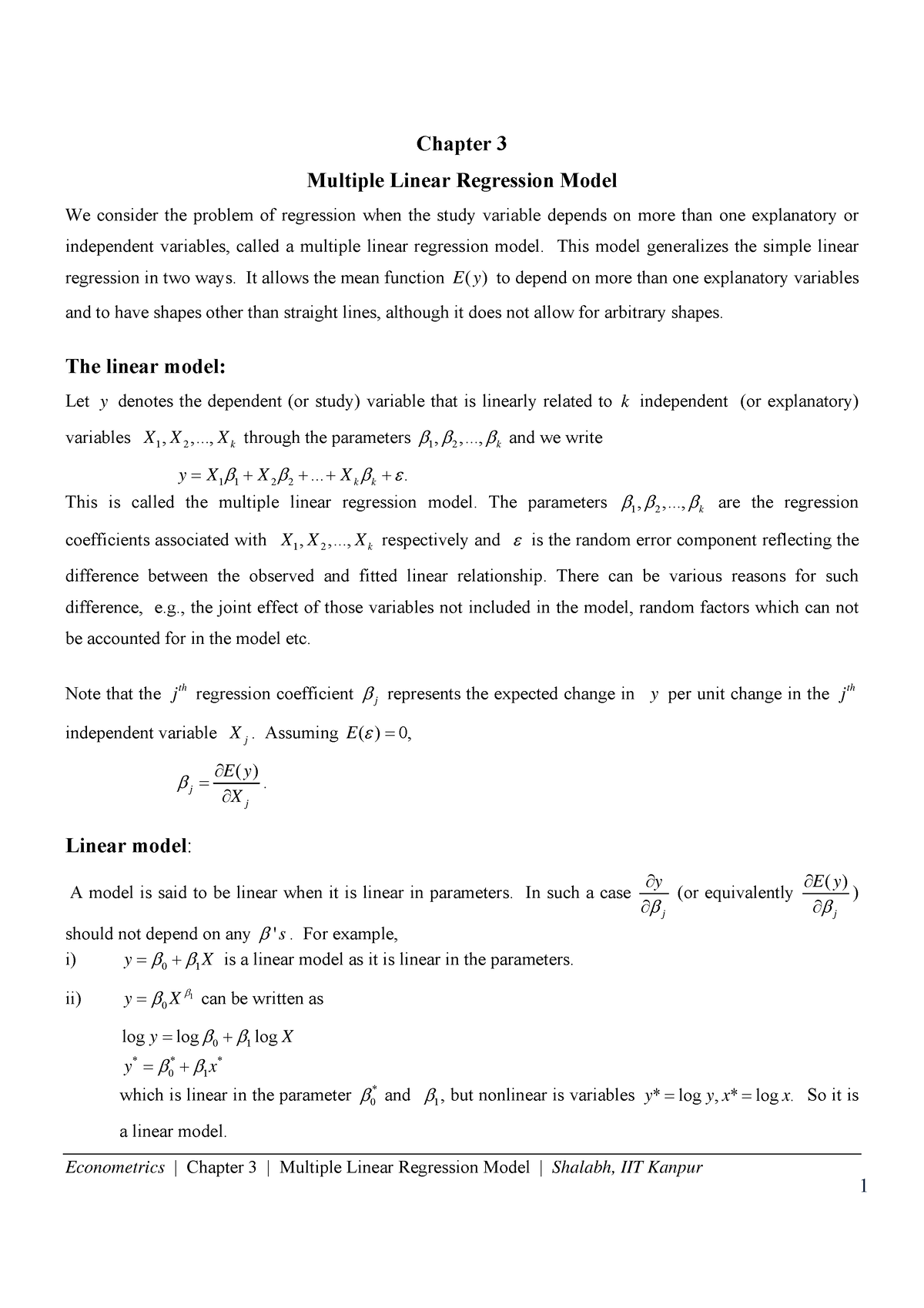 Chapter 3 Econometrics Multiple Linear Regression Model Econometrics Chapter 3 Multiple 8467