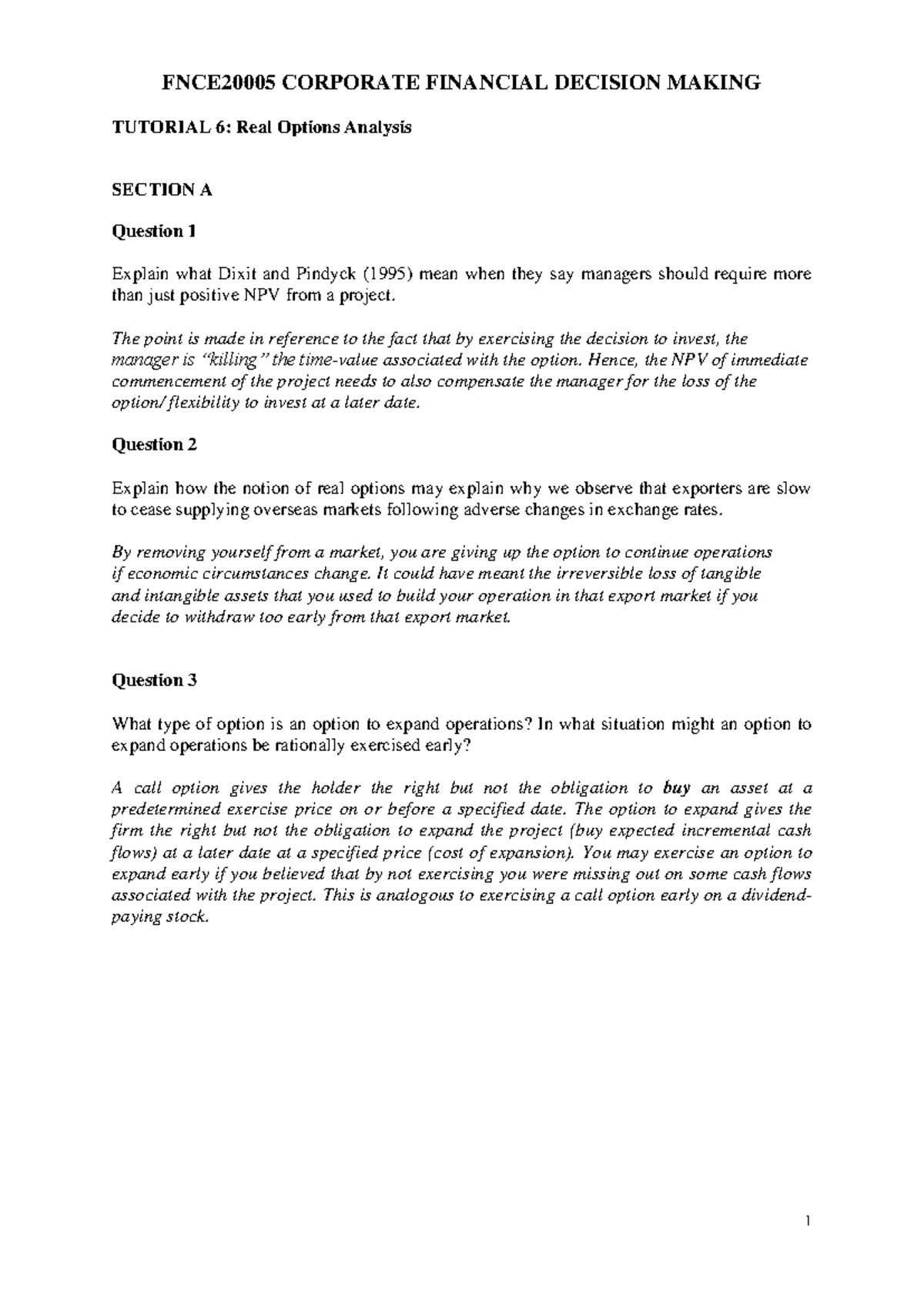 Tutorial 6 with solutions 2024 1 FNCE20005 CORPORATE FINANCIAL DECISION MAKING TUTORIAL 6